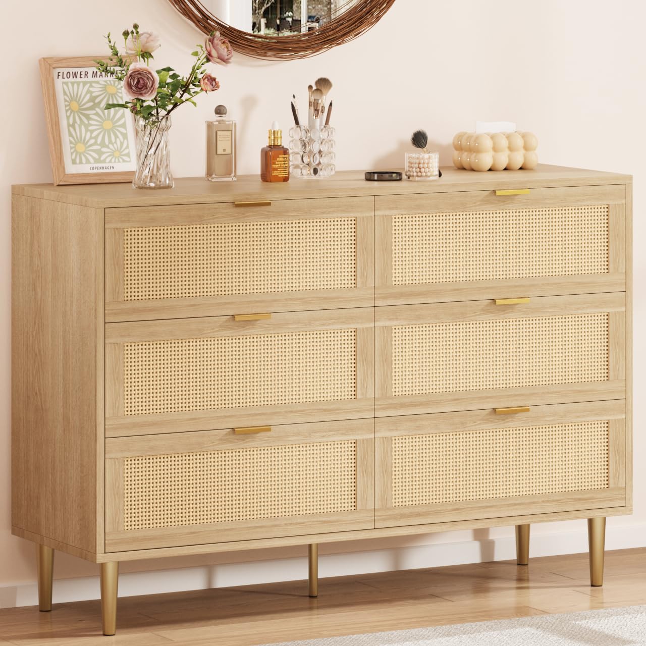 IDEALHOUSE Natural Rattan 6 Drawer Dresser for Bedroom, Modern Chest of Drawers with Gold Legs and Gold Handles, Wide Double Dresser with Large Tabletop and Anti-Tipping Design for Bedroom Living Room