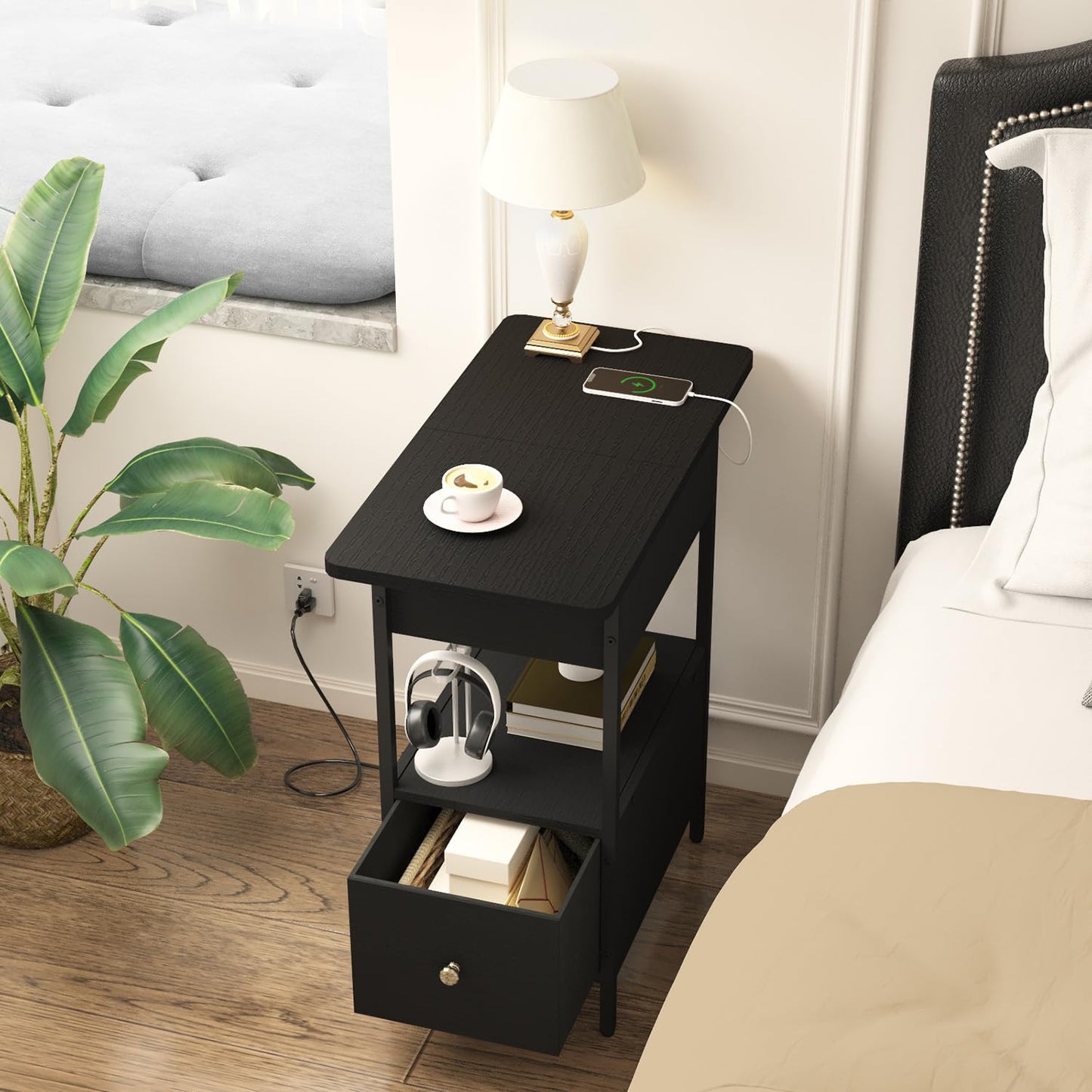 SOOWERY End Table with Charging Station, Narrow Side Table with Flip Top Cabinet and Fabric Drawer, Nightstand Bedside Tables for Small Spaces, Bedroom, Living Room, Black