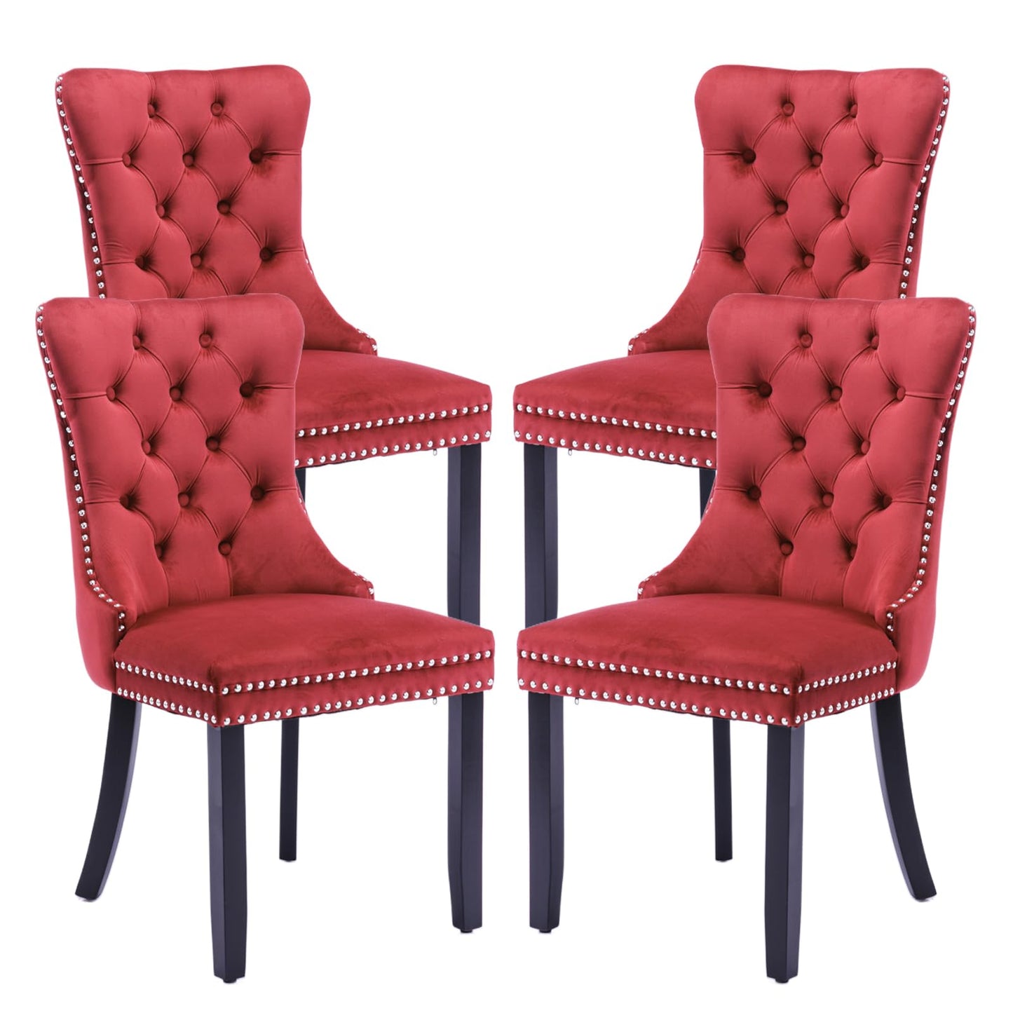 SoarFlash Velvet Dining Chair Set of 4, Upholstered Tufted Dining Room Chair with Nailhead Trim and Solid Wood Leg for Kitchen (Wine Red)