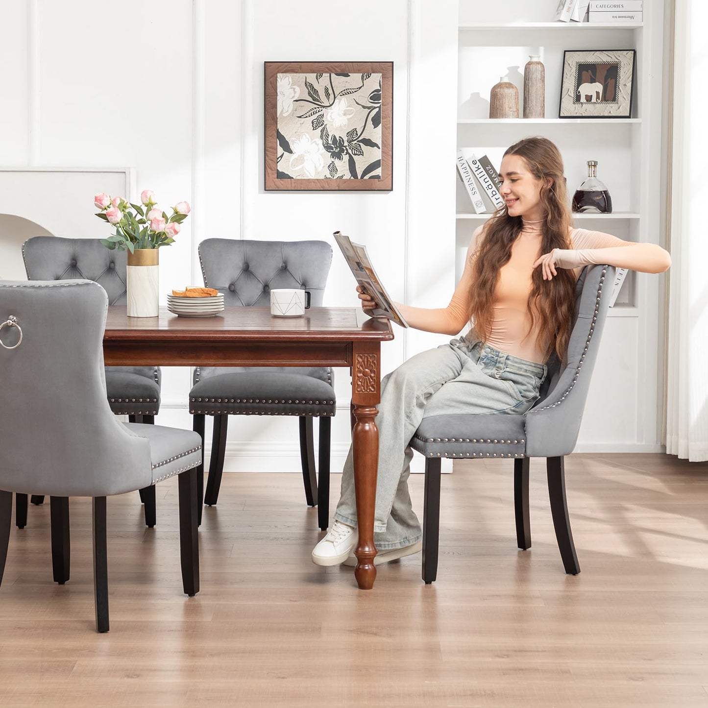 Hixkol Velvet Dining Chairs Set of 6,Upholstered Dining Chairs with Ring Pull Trim and Button Back,Modern Seating for Kitchen, Bedroom & Living Room(Grey)