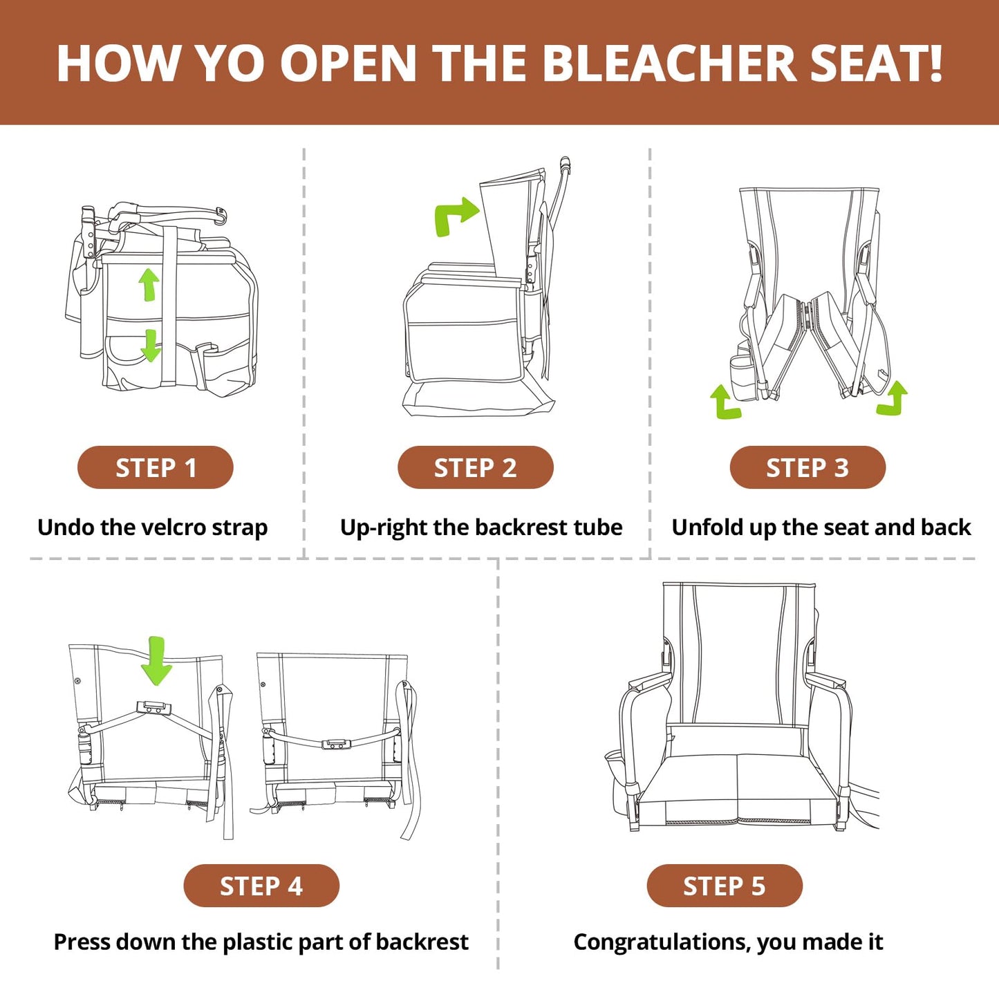 Extra Wide Stadium Seats with Back Support, Comfy Bleacher Chairs with Back Cushion, Cup Holders, and Storage Pockets, Foldable and Portable Bleacher Seat with Armrests (1, Beige, Large)