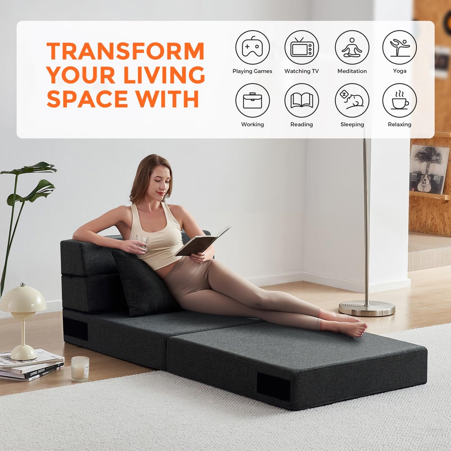 TKBRWU Folding Sofa Bed - Convertible Sleeper Chair with Pillow, Folding Chair Bed, Foam Floor Mattress, Futon Couch, Lazy Sofa for Living Room/Dorm/Guest Room/Home Office,Single，Gray