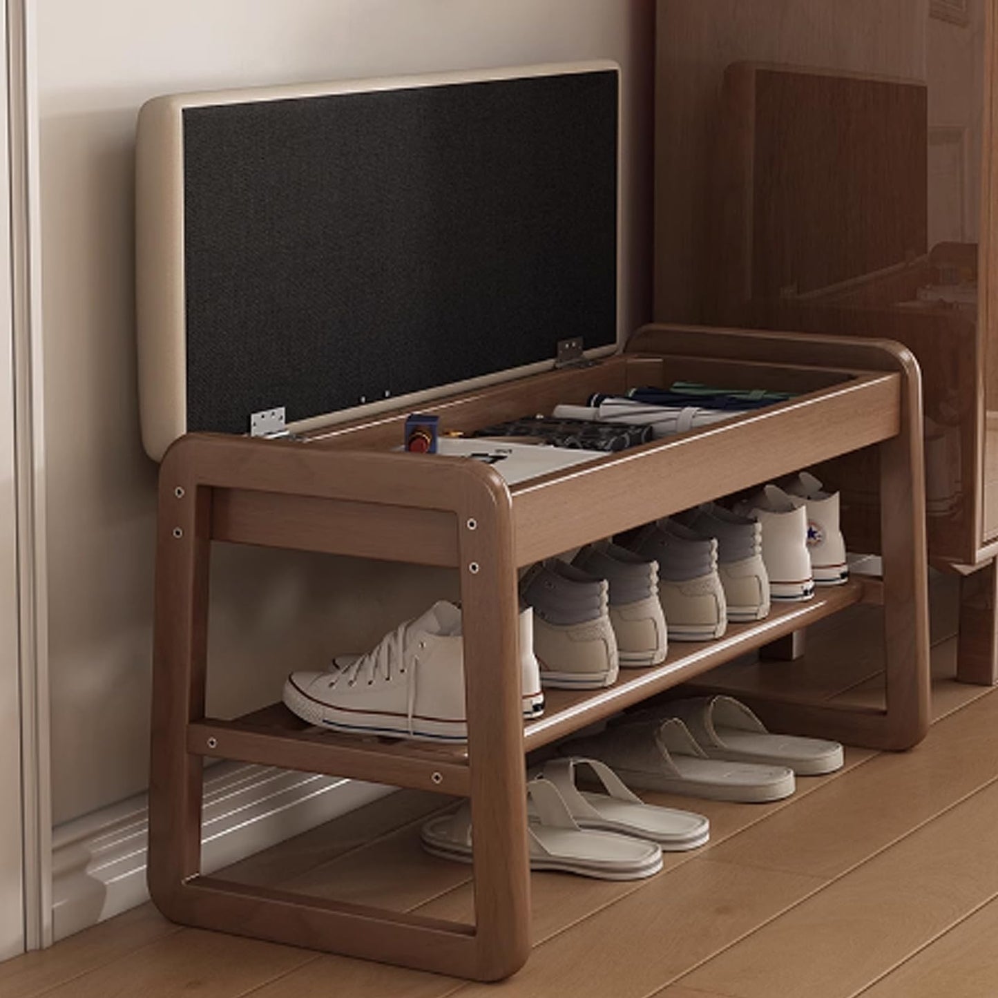 Solid Wood Bench, Entryway Shoe Bench with Cushion, 2-Tier Shoe Racks Bench, Modern Shoe Rack with Flip Top Storage Space, Shoe Organizer for Entryway, Living Room, Hallway, Bedroom
