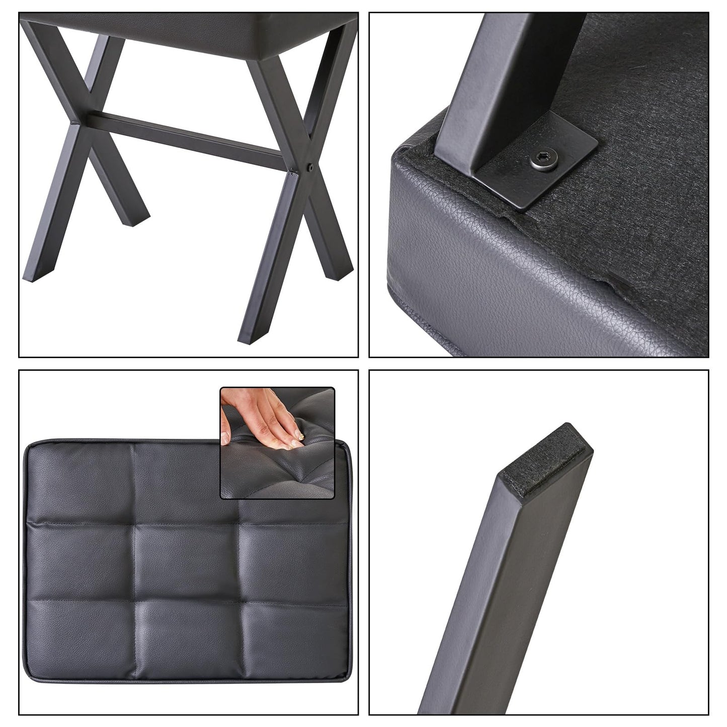 IBUYKE Square Makeup Stool with X-Leg Foot Rest, PU Footrest, Ottoman Seat Vanity Stool, Multi-Use as Small Side Table, for Bedroom, Living Room, Black LG-71B