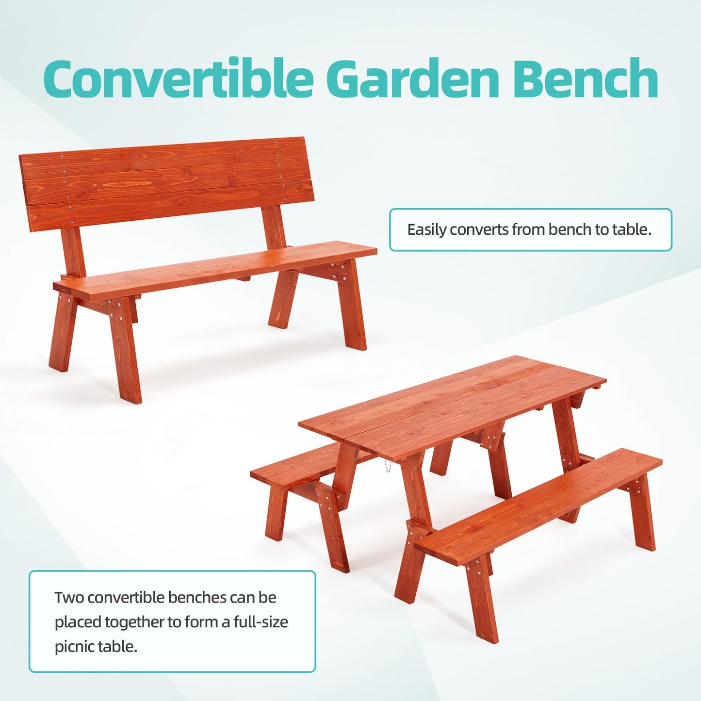 AVAWING 2 Piece Outdoor Convertible Bench, 2-in-1 Transforming Picnic Table Set, Wooden Garden Bench for Backyard, Porch, Patio, Tangerine