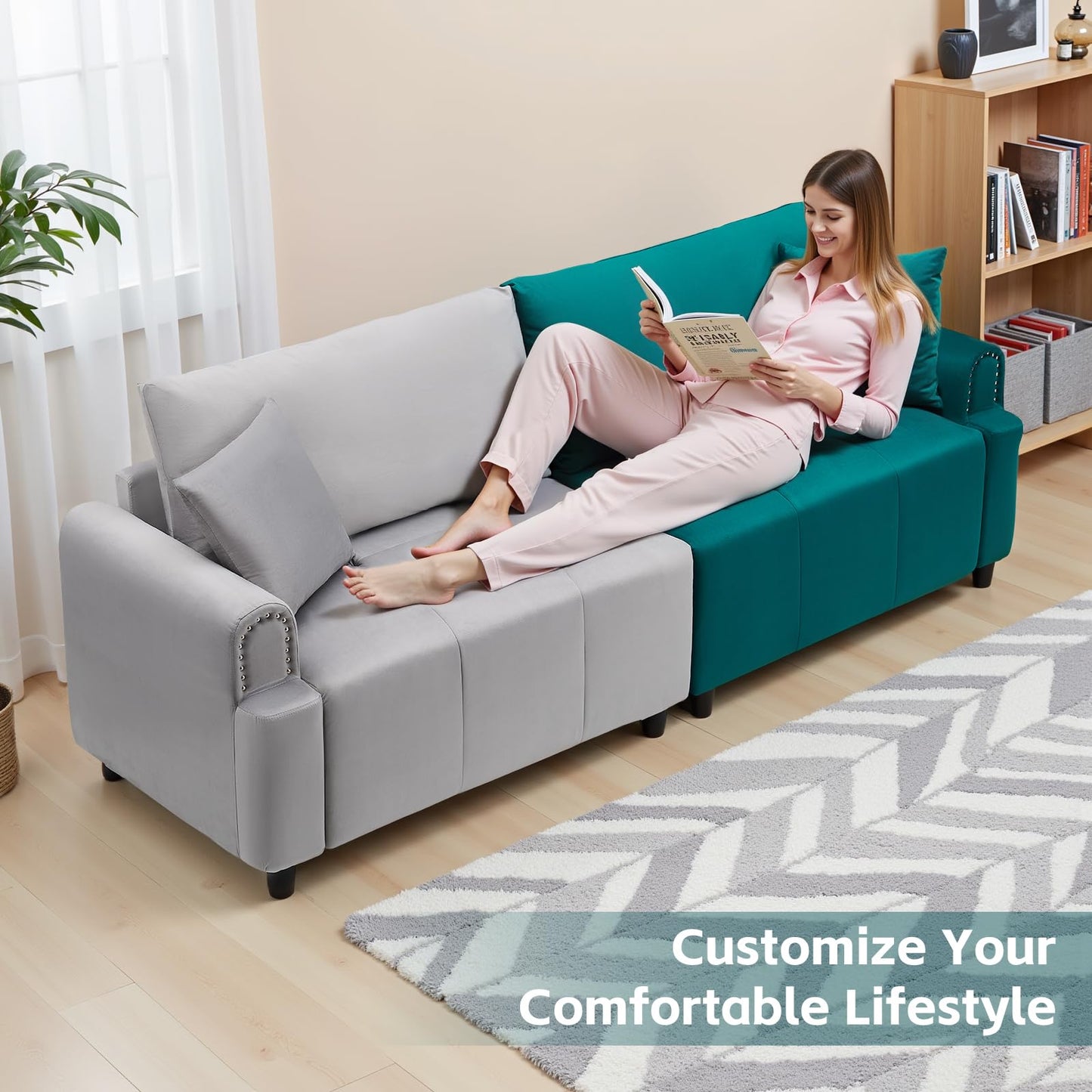 PLANNTONNEO 87" Sectional Sofa Modular Deep Seat Sofa Couch, Futon Sofa Bed,Modern Velvet Sofa Sleeper with USB Ports Comfy Upholstered 3 Seater Couches for Living Room Apartment Bedroom, Green+Gray