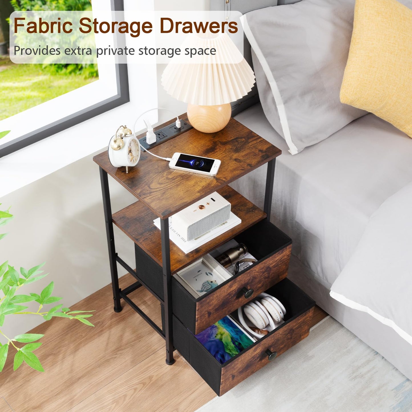 LOAKEKEL Night Stand Set 2, Nightstand with Charging Station, End Tables with Storage Shelf for Small Spaces, Bedside Table Side Tables with 2 Fabric Drawers for Bedroom, Rustic Brown, HETS020PBR