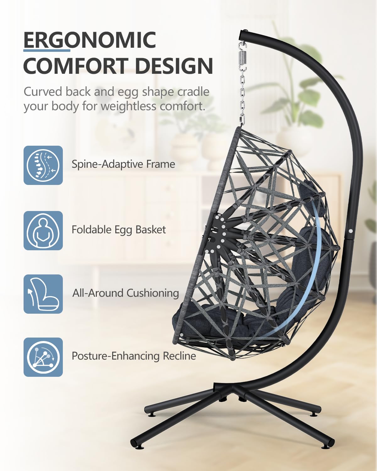 SWITTE Hanging Egg Chair with Stand, Outdoor & Indoor Wicker Egg Swing Chair with Cushion, 400LBS Capacity for Patio, Bedroom & Garden - Dark Grey