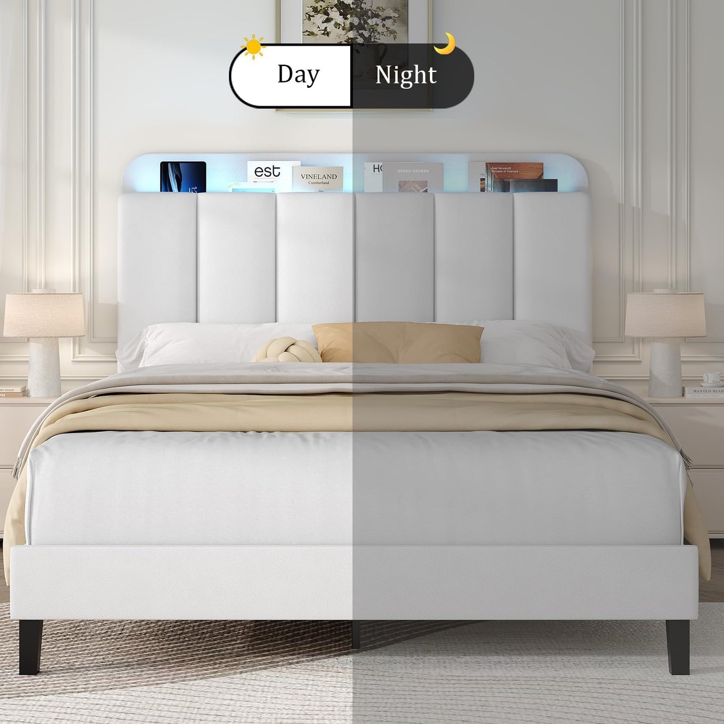 Queen Bed Frame with Storage, PU Upholstered Platform Bed with LED Lights Headboard, Noise-Free, Easy Assembly, No Box Spring Needed, White