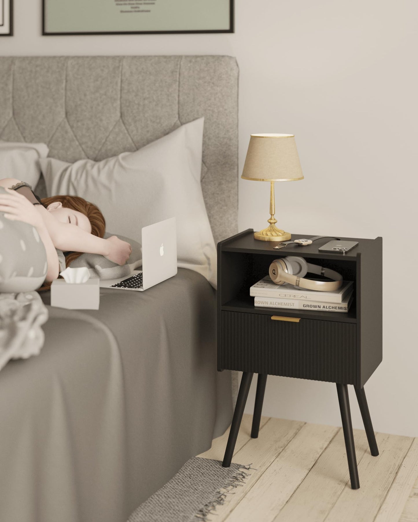JOONEE Black Nightstand,Modern Bedside Table with Storage Drawer and Open Wood Shelf, for Living Room, Bedroom and Small Spaces, Accent Night Stand with Solid Wood Legs, Easy Assembly,Classic Black