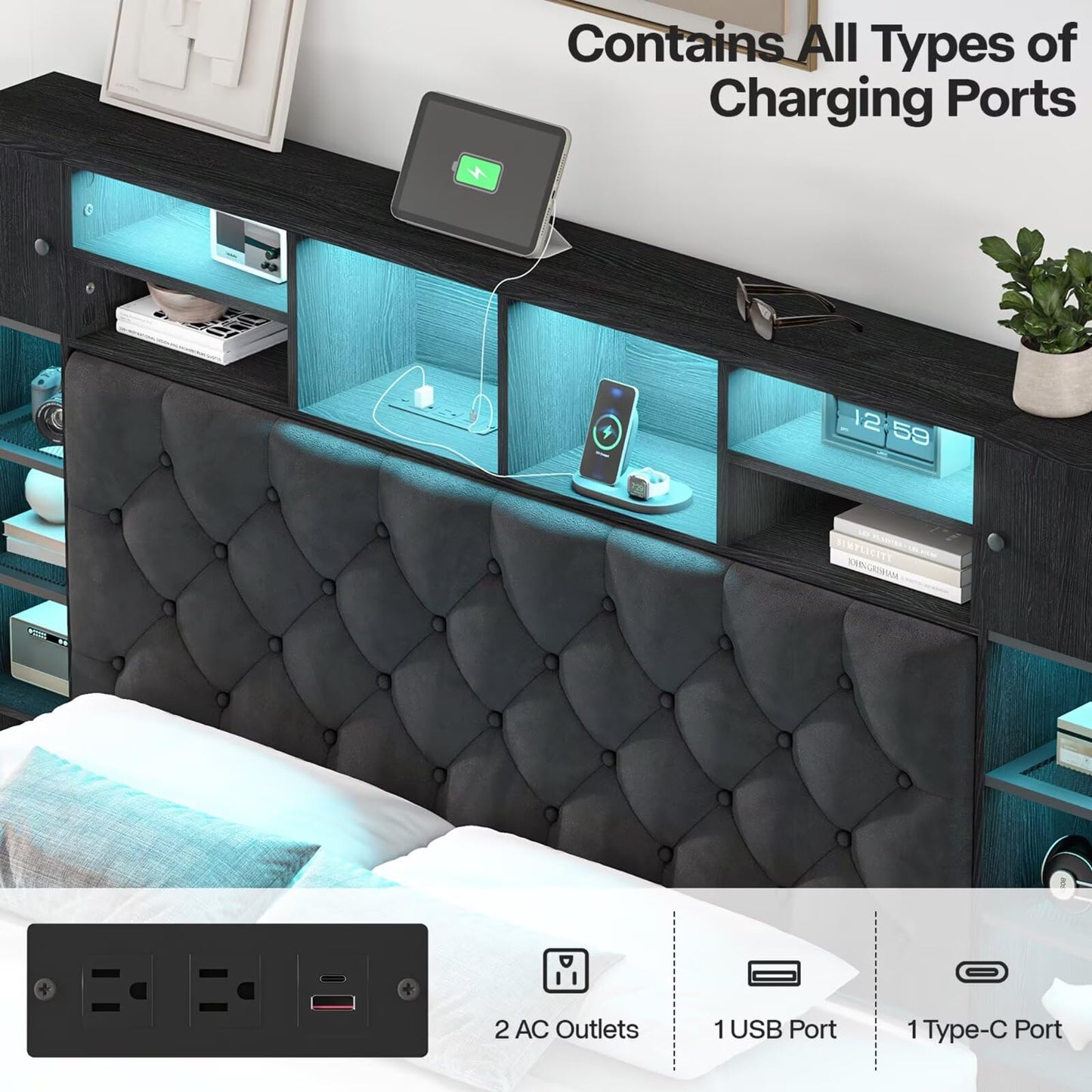 Siihnon Full Size Bed Frame with Bookcase Headboard and Storage Drawers, 51.2" Metal Platform Full Bed Frame with Charging Station and LED Lights, Velvet Upholstered Tufted Bed Frames, Black