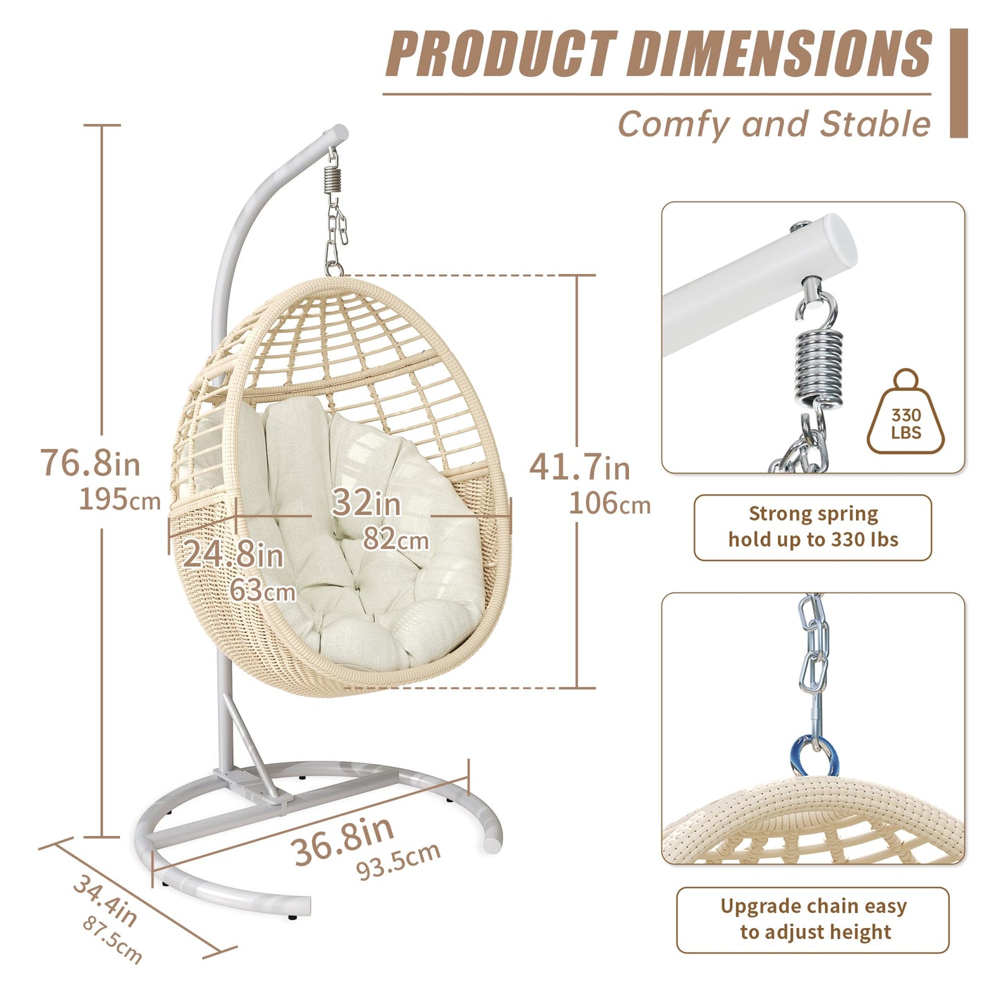 TWT Hanging Egg Chair with Stand, 330lbs Capacity Patio Wicker Egg Swing Chair with UV Resistant Cushion for Bedroom Garden Indoor Outdoor (Beige)