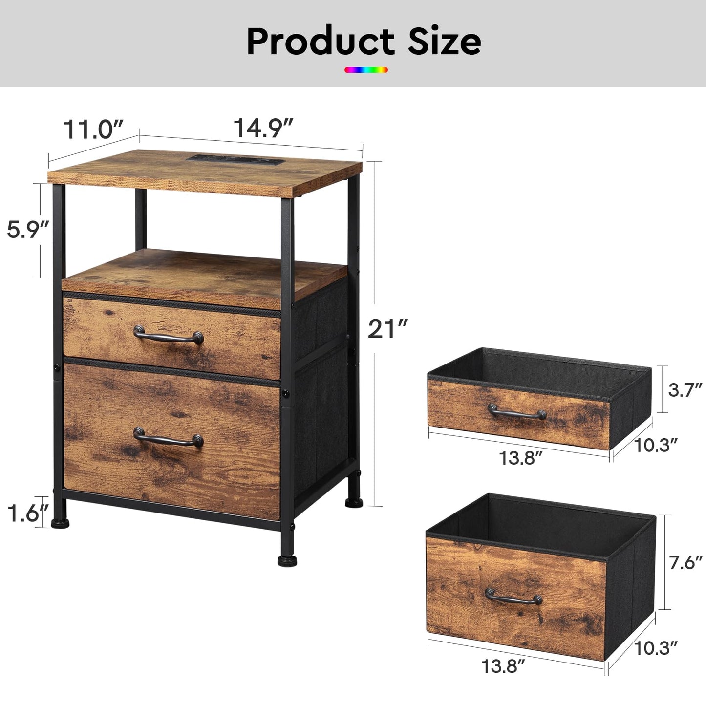 YeTom Nightstand with Charging Station Set of 2, LED Night Stand with 2 Fabric Drawers, Side Table with Open Shelf, End Table with Steel Frame, 2 Drawer Dresser for Bedroom, Brown