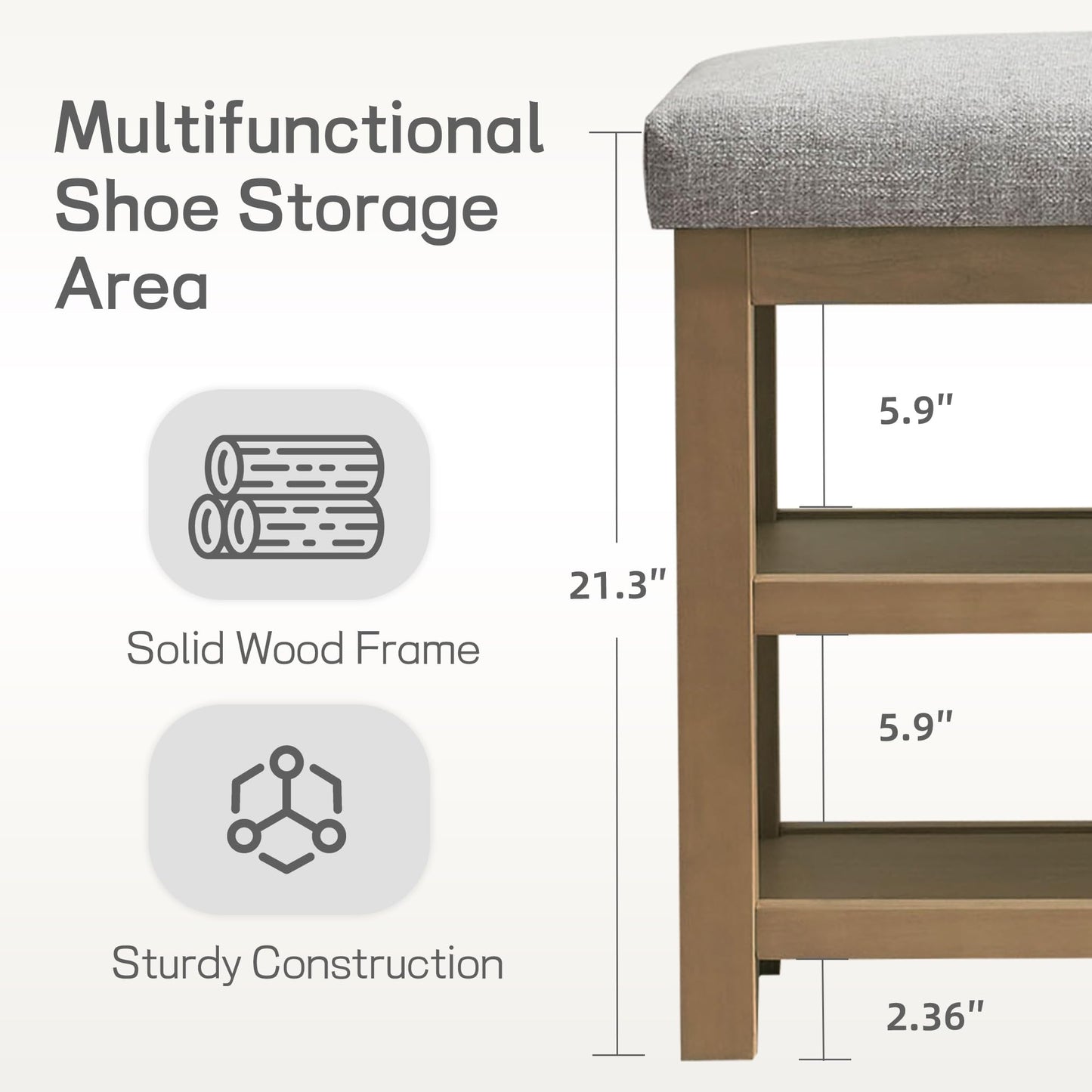 Zihanhome 2 Tier Shoe Rack Bench with Cushion, Solid Wood Shoe Benches, Mid-Century Modern Shoe Storage Bench for Entryway, Hallway, Living Room, Closet, Front Door Entrance, (Grey, 46.5")