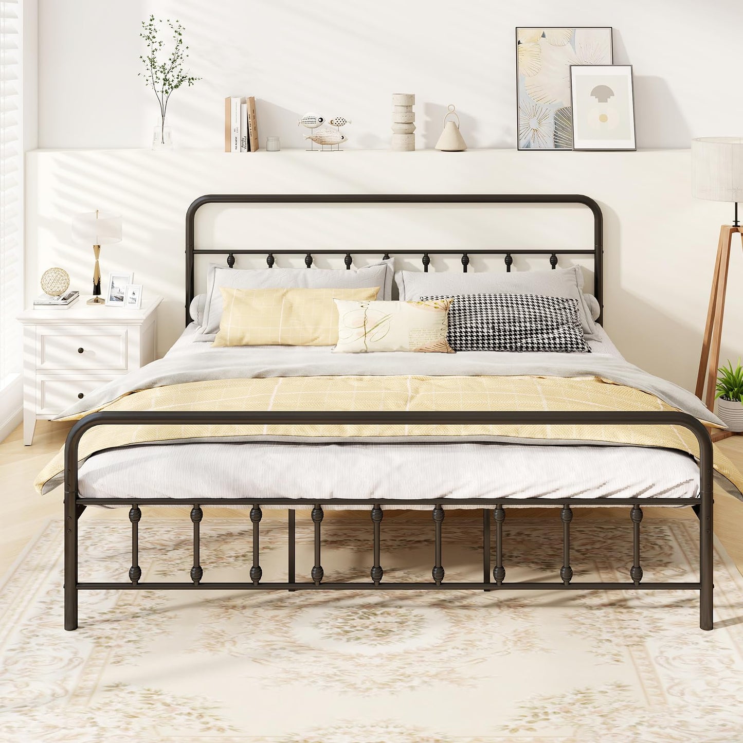 KOMFOTT King Size Metal Bed Frame with Headboard & Footboard, Victorian Style Metal Platform Bed Frame with Under Bed Storage, Noise-Free Mattress Foundation No Box Spring Needed, Black