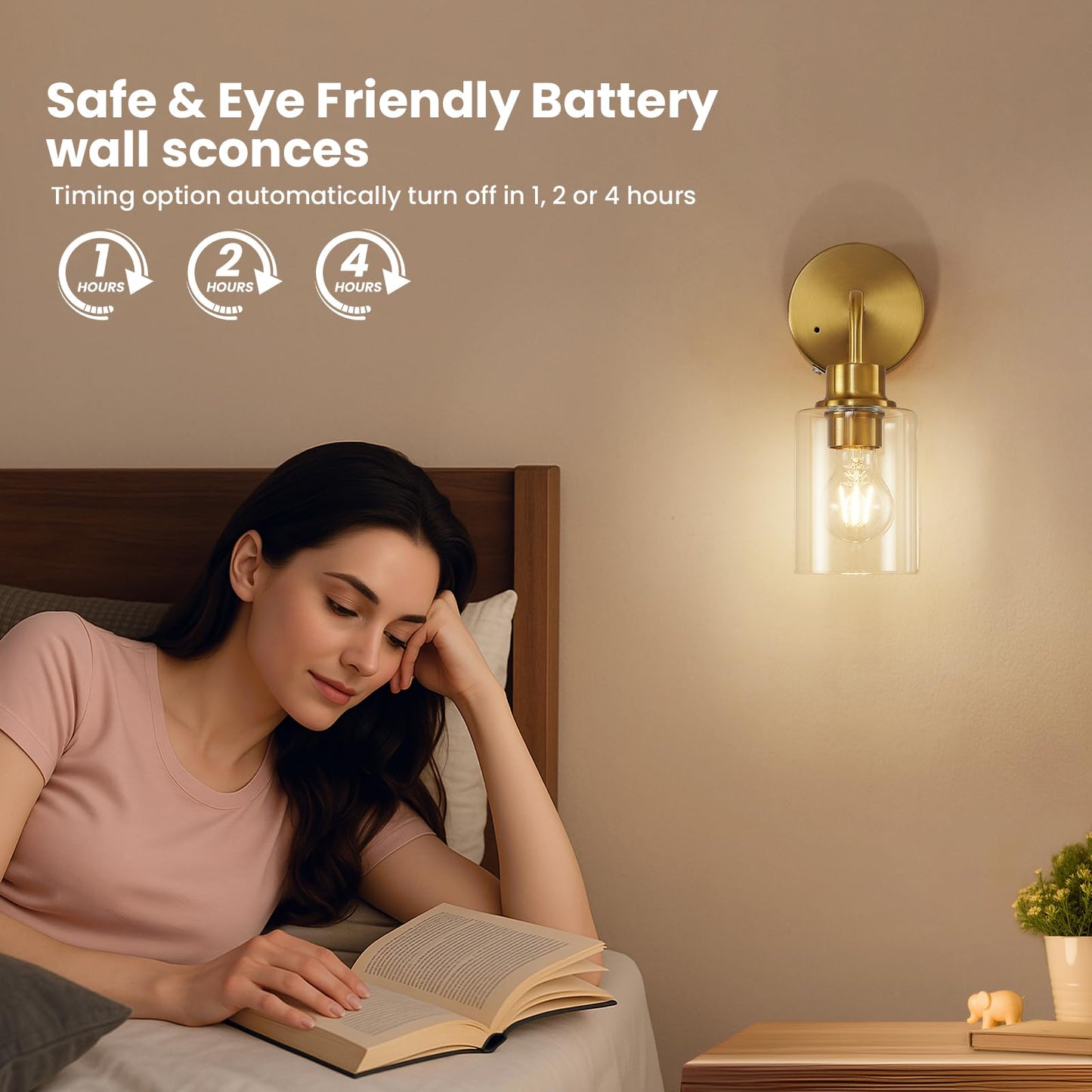 Epinl Battery Operated Wall Sconce Set of Two - Dimmable Wireless Sconces Set of 2 with Remote Control, Cordless Rechargeable Gold Wall Lights 3000K Modern Wall lamp for Bathroom Bedroom Living Room