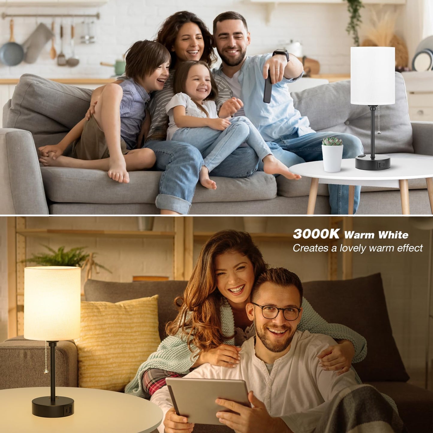 Small Bedside Table lamp for Bedroom - 3 Color Temperatures Bedside Lamps with USB C and A Ports, Pull Chain Table Lamps with AC Outlet, White Nightstand Lamps with Black Metal Base for Kids Reading