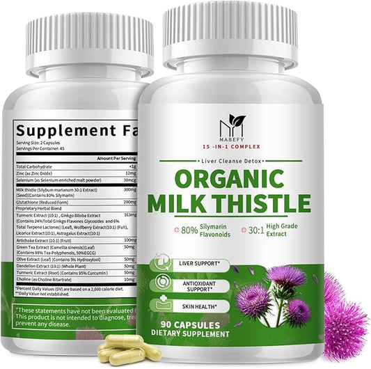 Liver Support Supplement with Milk Thistle Extract with Silymarin, Glutathione, Dandelion, Artichoke - Liver Cleanse Detox Repair, Antioxidant Support- 90 Capsules