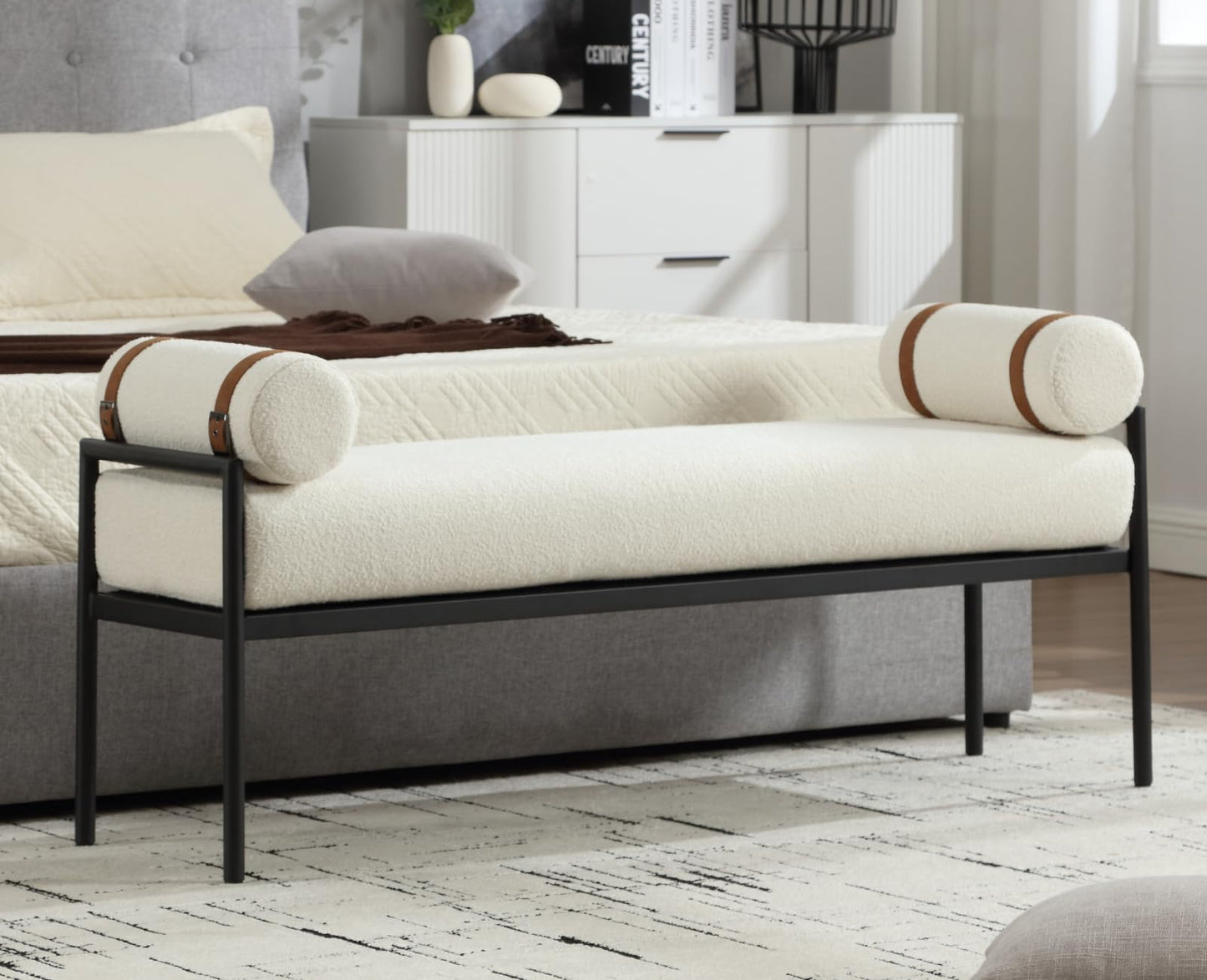 Shunzhi White Sherpa Modern End of Bed Bench Upholstered Entryway Bench with Detachable Cylindrical Pillows/Metal Legs Boucle Ottoman Bench for Living Room/Bedroom/Hallway/Corner, 55Inch