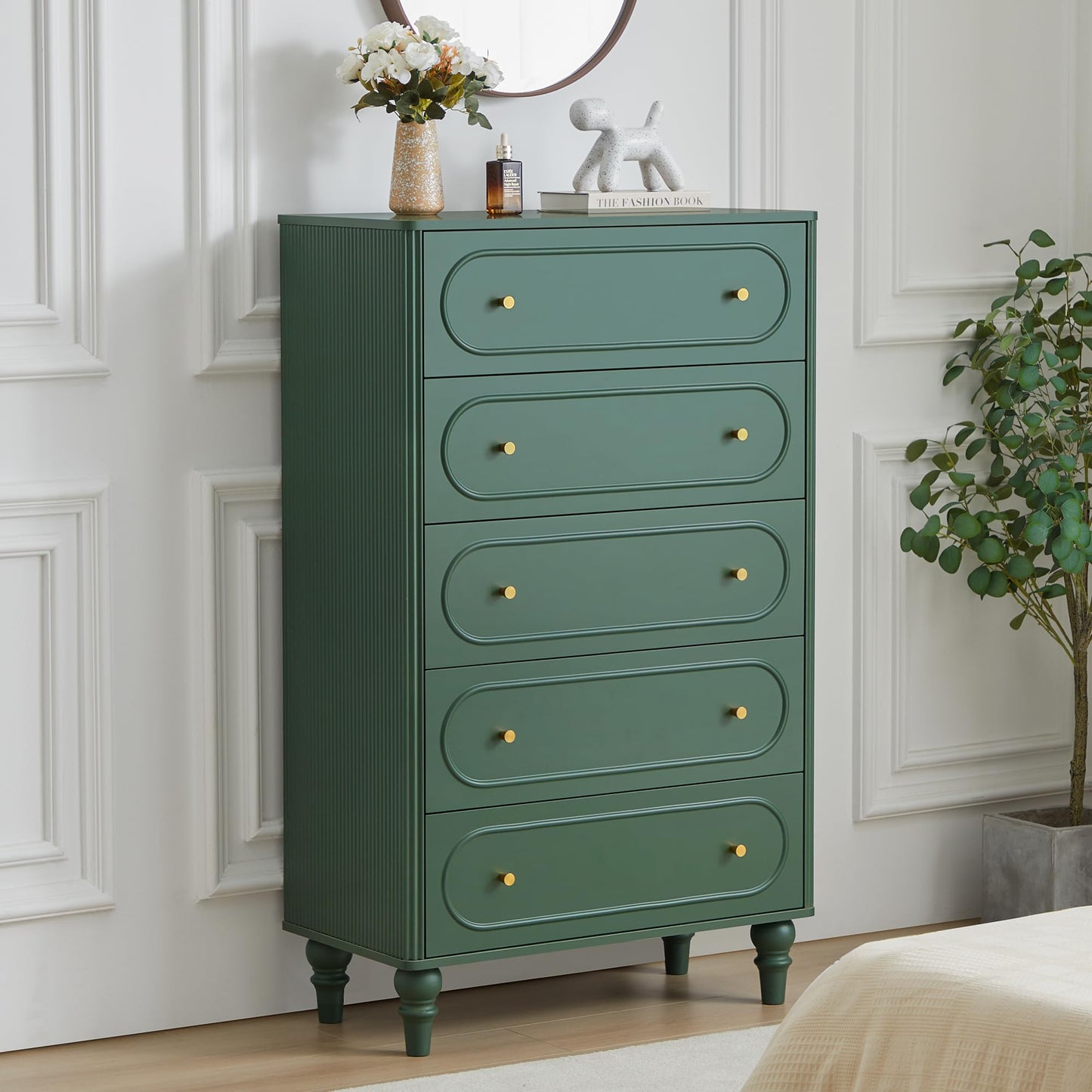 ORRD 5 Drawer Fluted Dresser for Bedroom, Mid Century Modern Chest of Drawers, Wood Storage Large Dresser Organizer for Bedroom Living Room Hallway Closet, Green