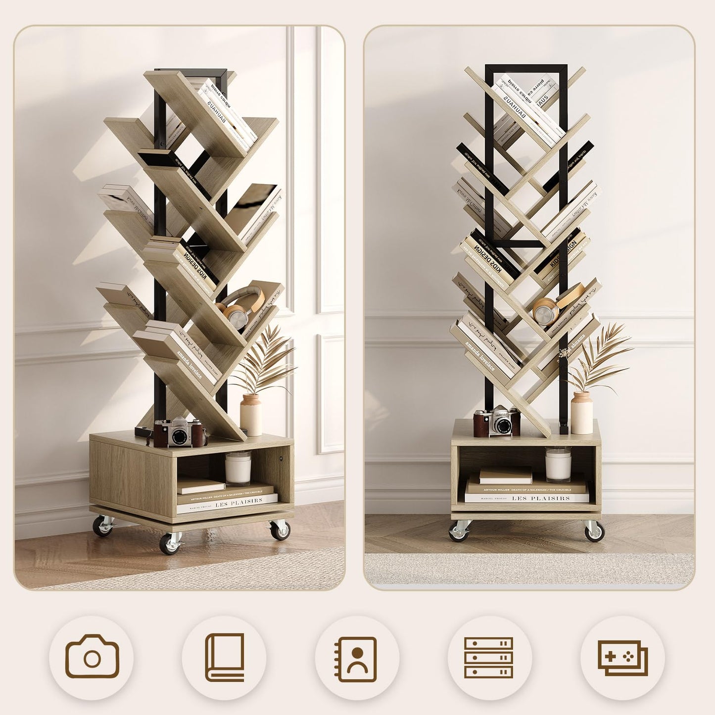 iabifo Double Sided Rotating Tree Bookshelf - 7-Tier Retro Floor Standing Bookcase, Wood Storage for Books, CDs, Movies, Perfect for Small Spaces in Bedroom, Living Room, Home Office, Grey