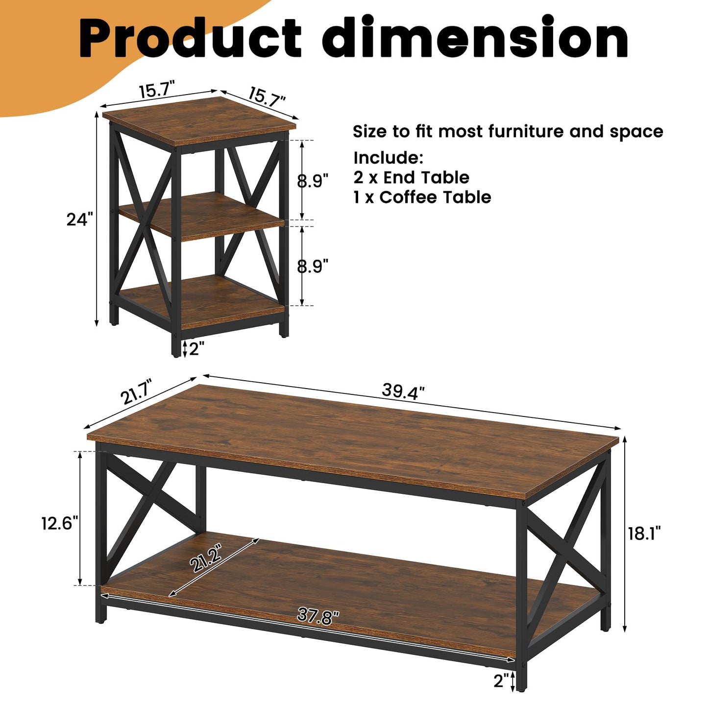 Bigbiglife Living Room Coffee Table Set of 3, Industrial X-Design Coffee Table and 2 End Side Tables, 3 Piece Living Room Table Set with Large Storage for Apartment Home (Dark Rustic Brown)