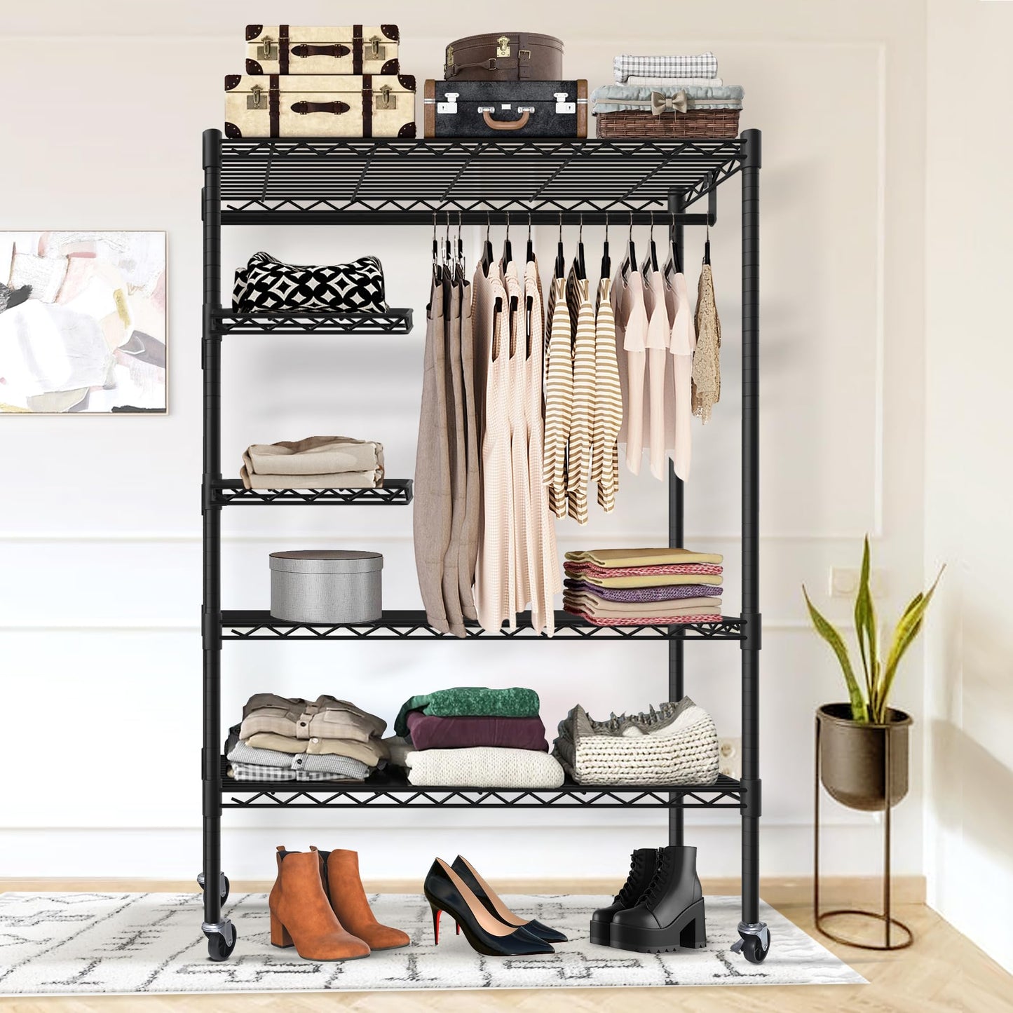 JS HOME Heavy Duty Garment Rack, Free-Standing Rolling Clothes Rack with Fitted Grey Oxford Cover, Extra Large Wardrobe Storage Rack/Organizer