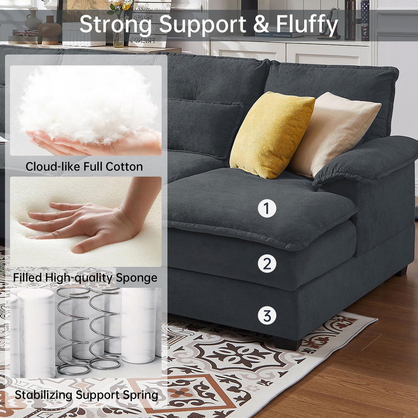 Enobala 110" Comfy Cloud Couch Sectional Sofa with Lumbar Pillows, Modern U-Shaped Cloud Sofa with Double Chaise & Deep Seat for Living Room, or Office, Easy Assembly, Dark Grey
