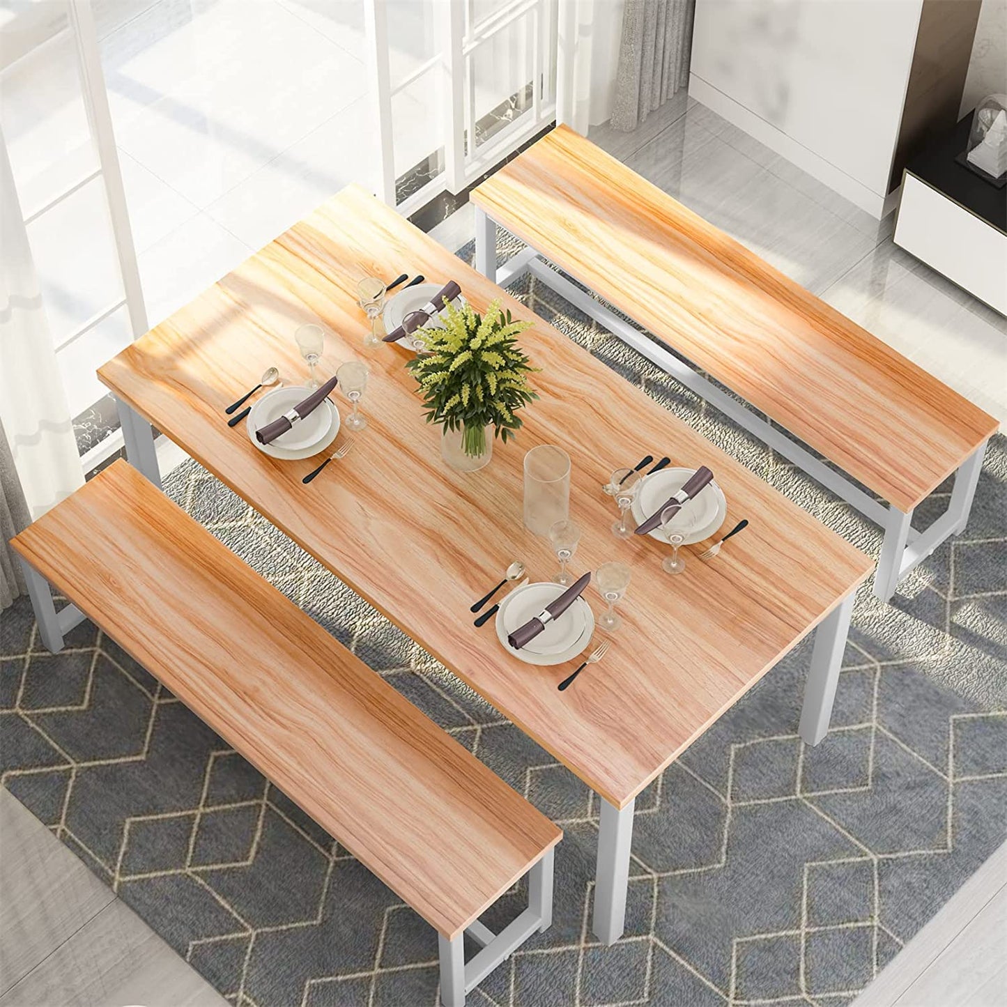 LinkRomat Dining Room Table Set with 2 Benches, Farmhouse Dining Table Set for 4, Wood Breakfast Dinner Table Set for Breakfast Nook Small Spaces, Beige