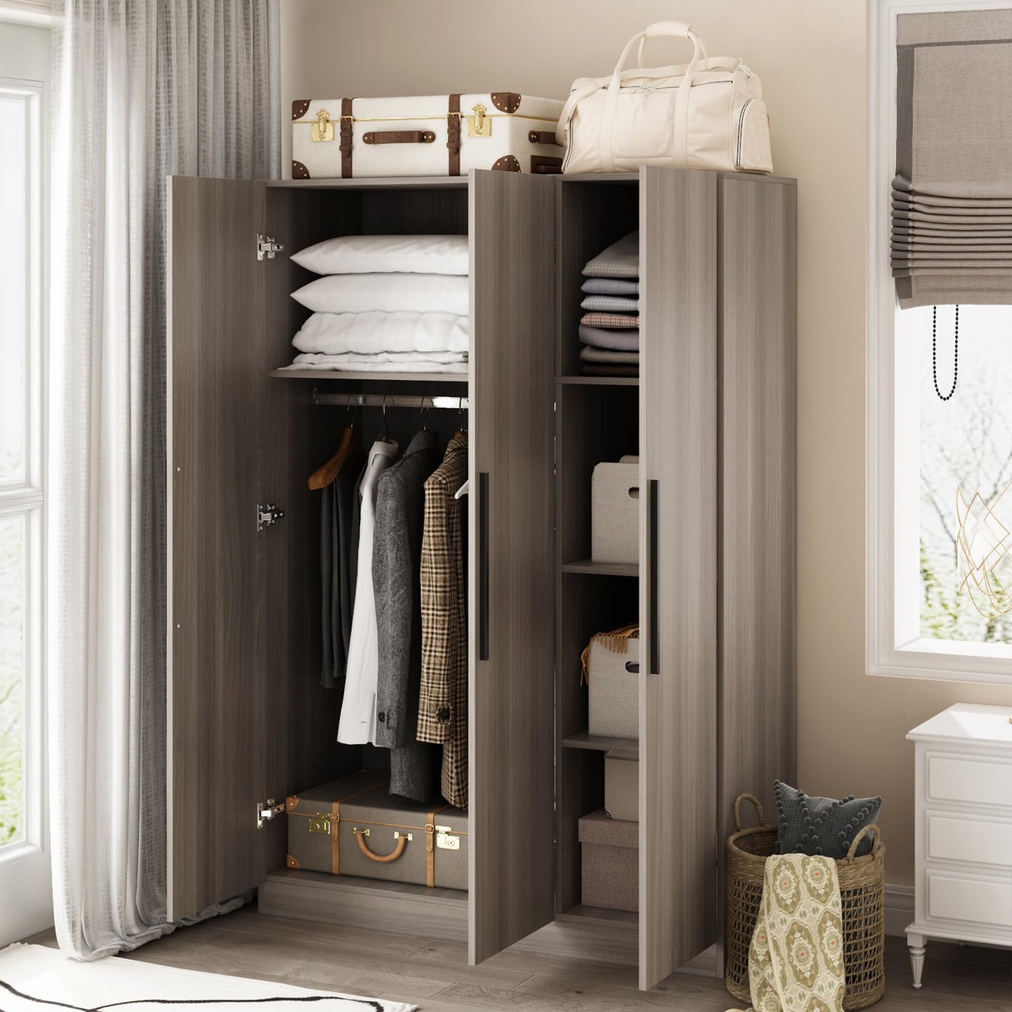 Hitow Large Wardrobe Armoire Closet with 3 Doors, Freestanding Wardrobe Cabinet for Hanging Clothes, Bedroom Armoire Dresser Wardrobe Clothes Organizer, 3-Door Brown (47.2" W x 18.9" D x 70" H)
