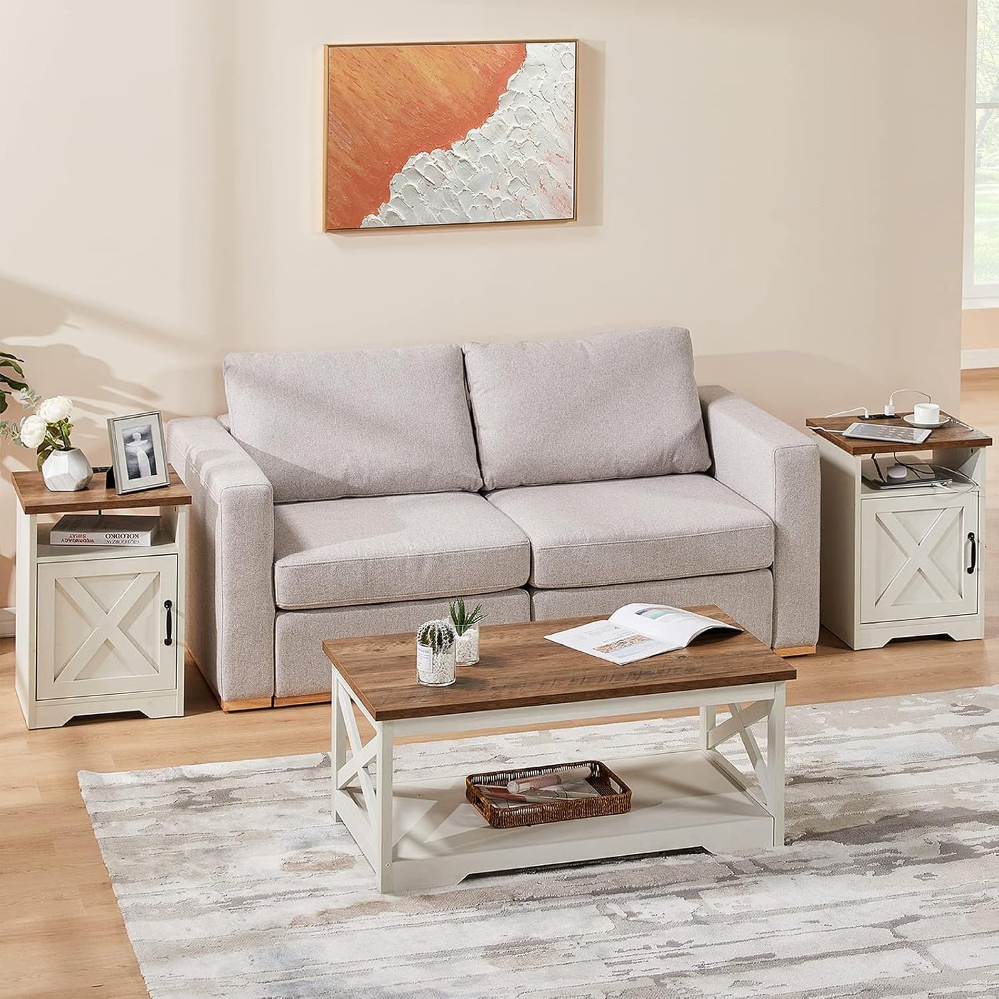 AMERLIFE 4 Pieces Living Room Table Sets, 70" Farmhouse TV Stand with 33" Electric Fireplace, Coffee Table & 2 End Tables with Charging Station and USB Ports, Living Room, White & Barnwood