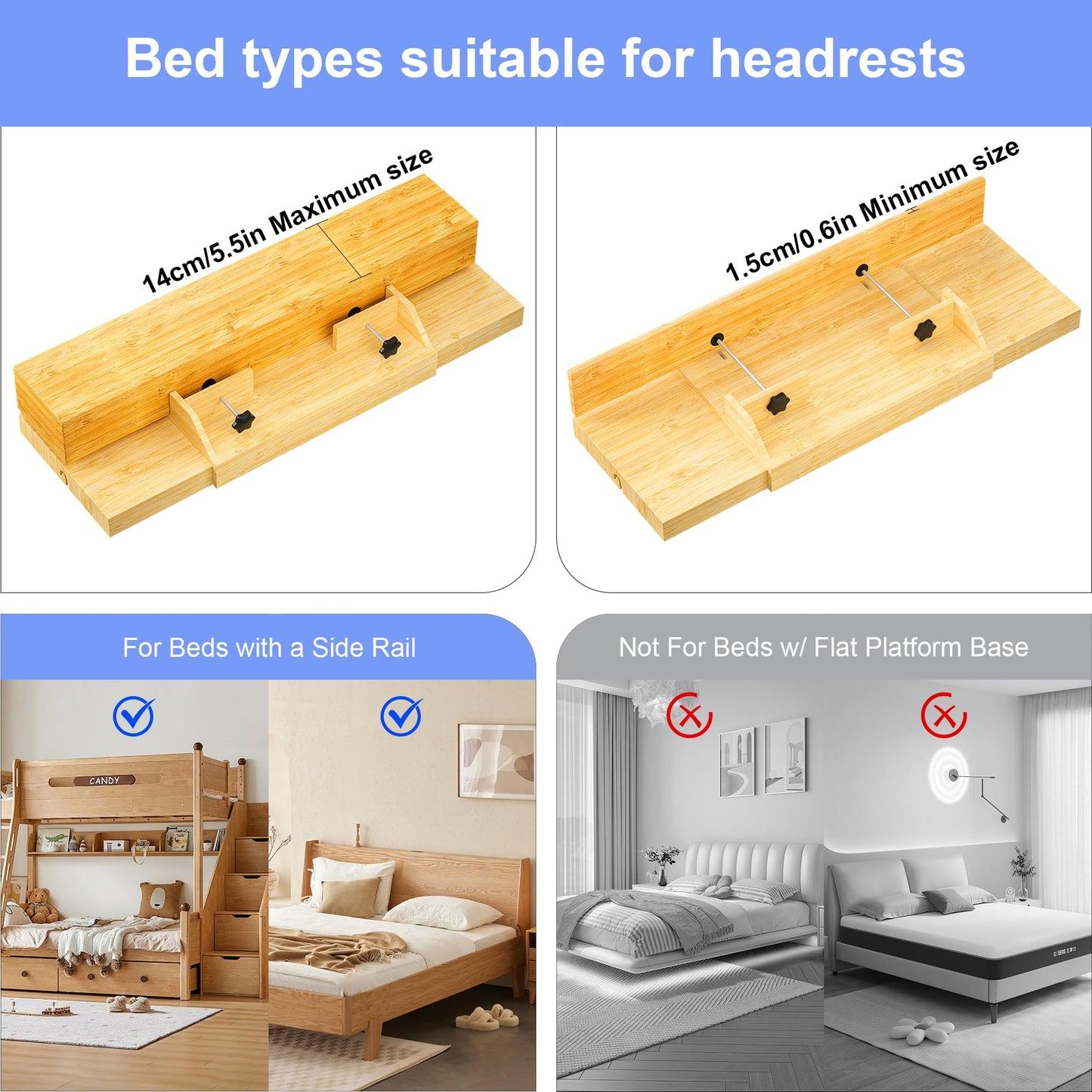 MinBoo Bedside Shelf Expandable Bamboo College Caddy for Top Bunk Clip Nightstand Shelf Floating Bed Side Table Tray Storage Dorm Room Decor High Capacity
