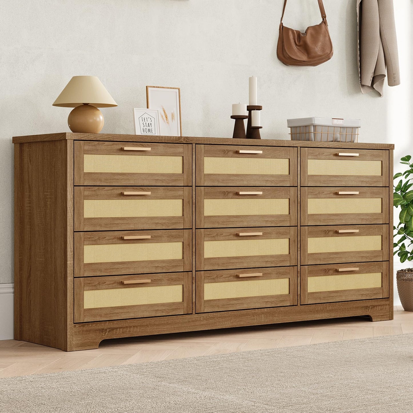 Hipicute 12 Drawer Dresser for Bedroom, Modern Rattan Chest of Drawers, Wood Storage Organizer with Rattan Panel Drawers and Handles, for Nursery, Entryway, Living Room, Natural