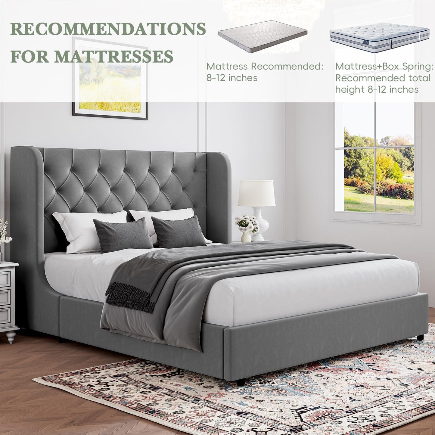 HOMBCK Grey Queen Bed Frame, Velvet Upholstered Platform Bed Frame with Headboard, Curved Wingback Design, Wooden Slats, No Box Spring, Noise Free, Easy Assembly