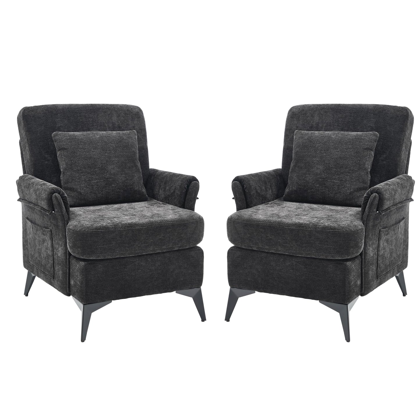 KCC Mid-Century Accent Chairs Set of 2,Chenille Modern Upholstered Living Room Chair,Cozy Armchair with Back for Bedroom/Office/Cafe,Black