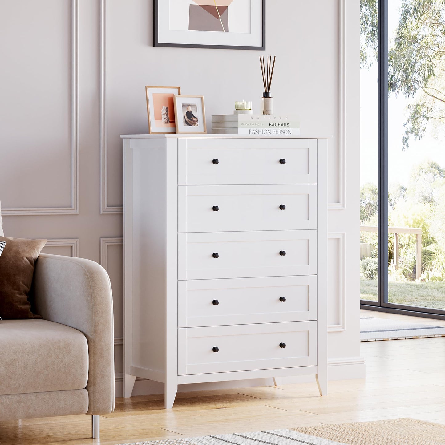 GarveeHome White Drawer Dresser for Bedroom, 5 Chest of Drawers, Modern Wood Tall Dresser Cabinet, Organizer Drawers for Closet, Living Room, Hallway, Entryway