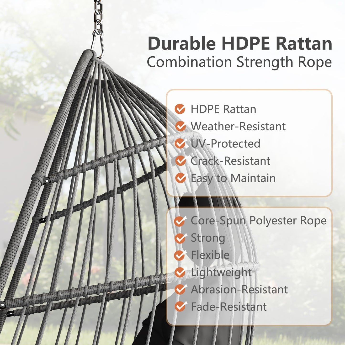 Hanging Egg Chair Without Stand, HDPE Rattan Foldable Swing Chair with Aluminum Frame & UV Resistant Cushion, Hammock Egg Basket for Indoor Outdoor Bedroom Garden, 350Lbs Capacity (Dark Grey)
