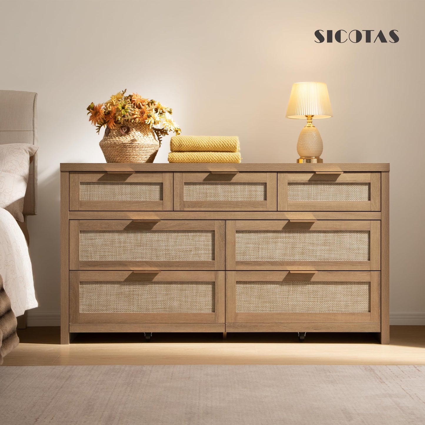SICOTAS 7 Drawer Dresser for Bedroom, 57" Wide Rattan Dressers for Nursery, Living Room TV Stand, Boho Closet Organizer Chests of Drawer (Reclaimed Caramel Oak, 7 Drawers (1 pc))