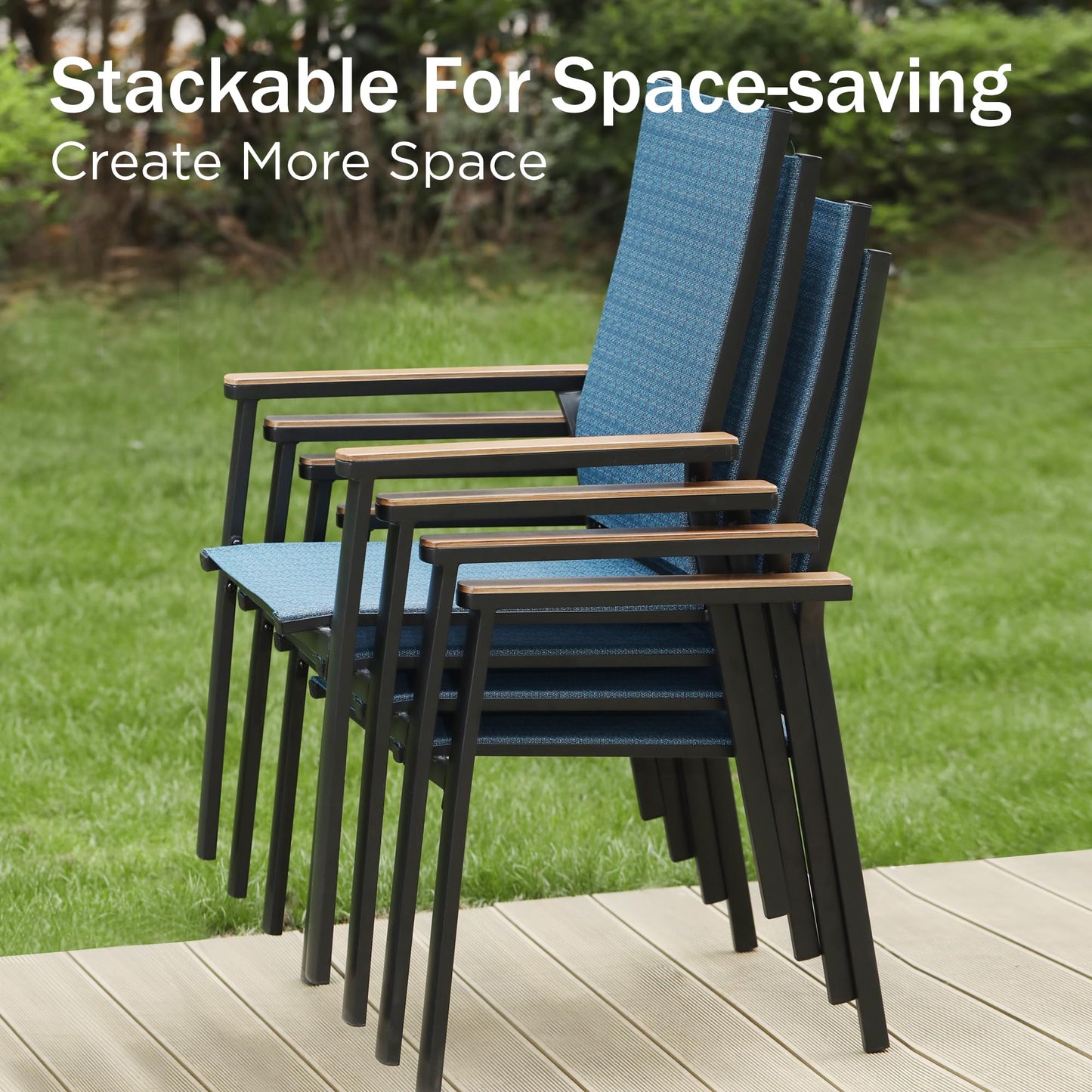 PHI VILLA Outdoor Stackable Chairs, Patio Chairs Set of 2, Light Weight Aluminum Frame with Textilene Fabric & Wood Armrest, High Back Deck Chairs for Poolside Lawn Garden, Blue