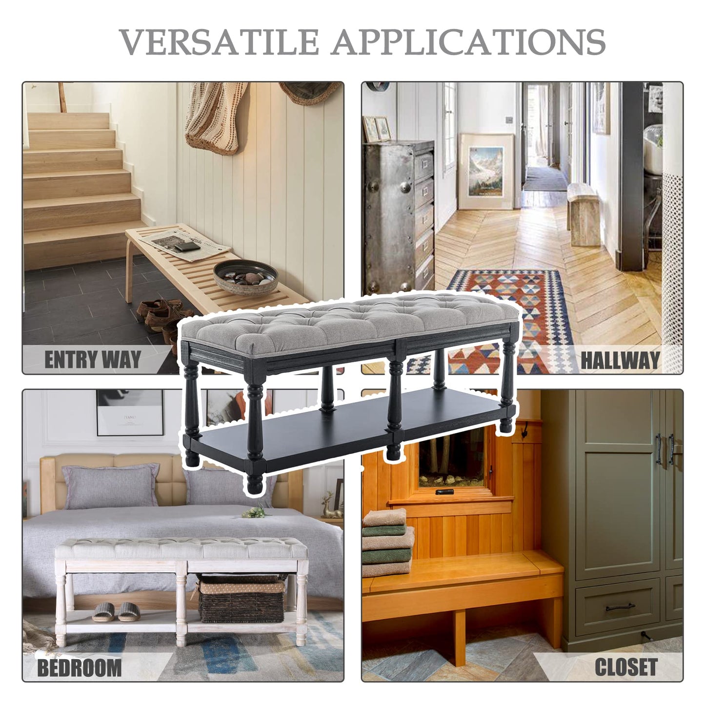 Kmax Storage Entryway Bench Tufted Shoe Rack Bench Black Wood Window Bench for Hallway Entrance Bedroom Corner, Grey
