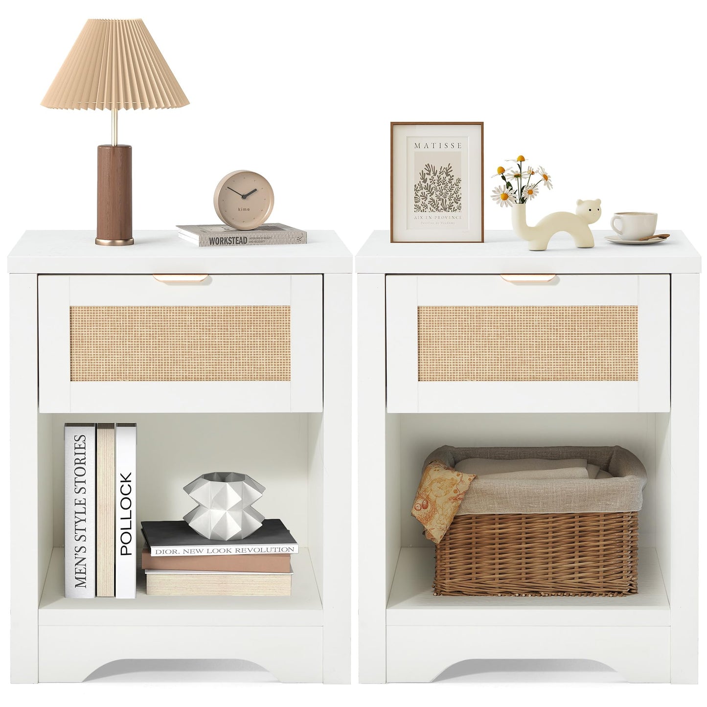 HOMREST Night Stand Set of 2,Modern Farmhouse Nightstands with Drawer & Open Storage Shelf, Wood Rattan Bedside Table with Metal Handle & Sturdy FrameTable for Bedroom, Living Room （White）