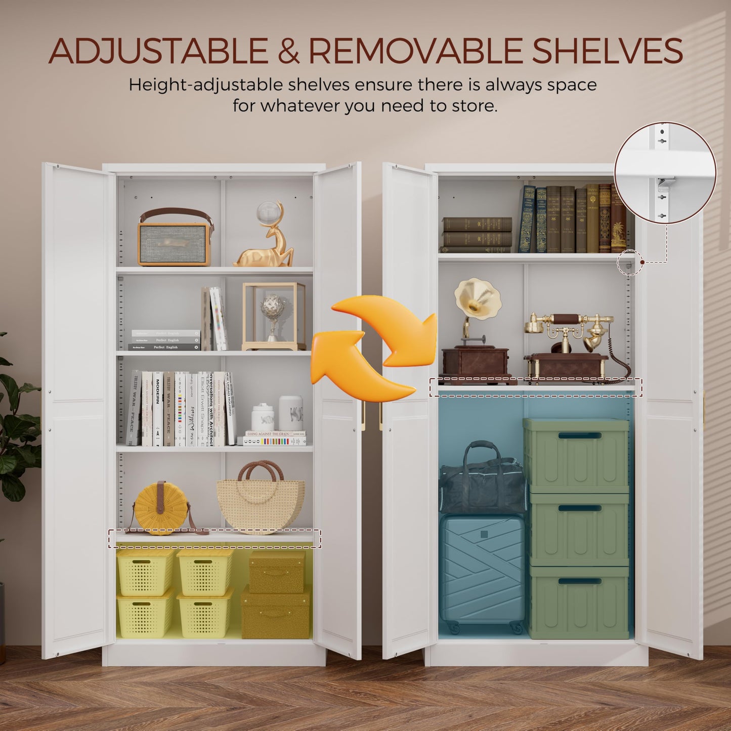 Kubohogar 71" Tall Metal Pantry Cabinet, White Kitchen Pantry Storage Cabinet with 4 Adjustable Shelves and Gold Handles, Cupboard for Kitchen, Dining Room, Living Room, Bathroom