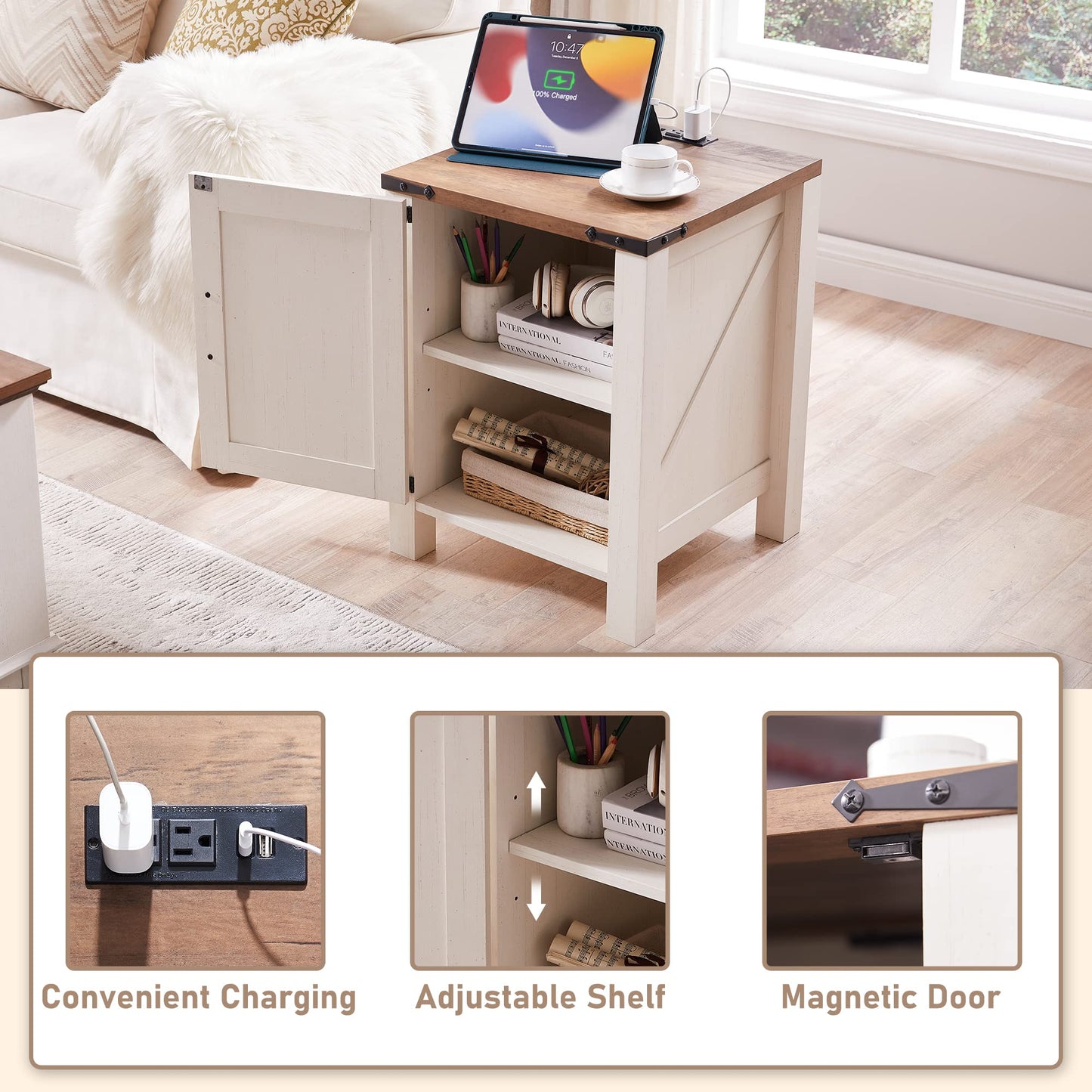 OKD Nightstand with Charging Station, 18 Inch Farmhouse End Table with Barn Door and Adjustable Storage Shelf, Rustic Wood Sofa Side Table w/Magnetic Door for Living Room, Bedroom, Antique White