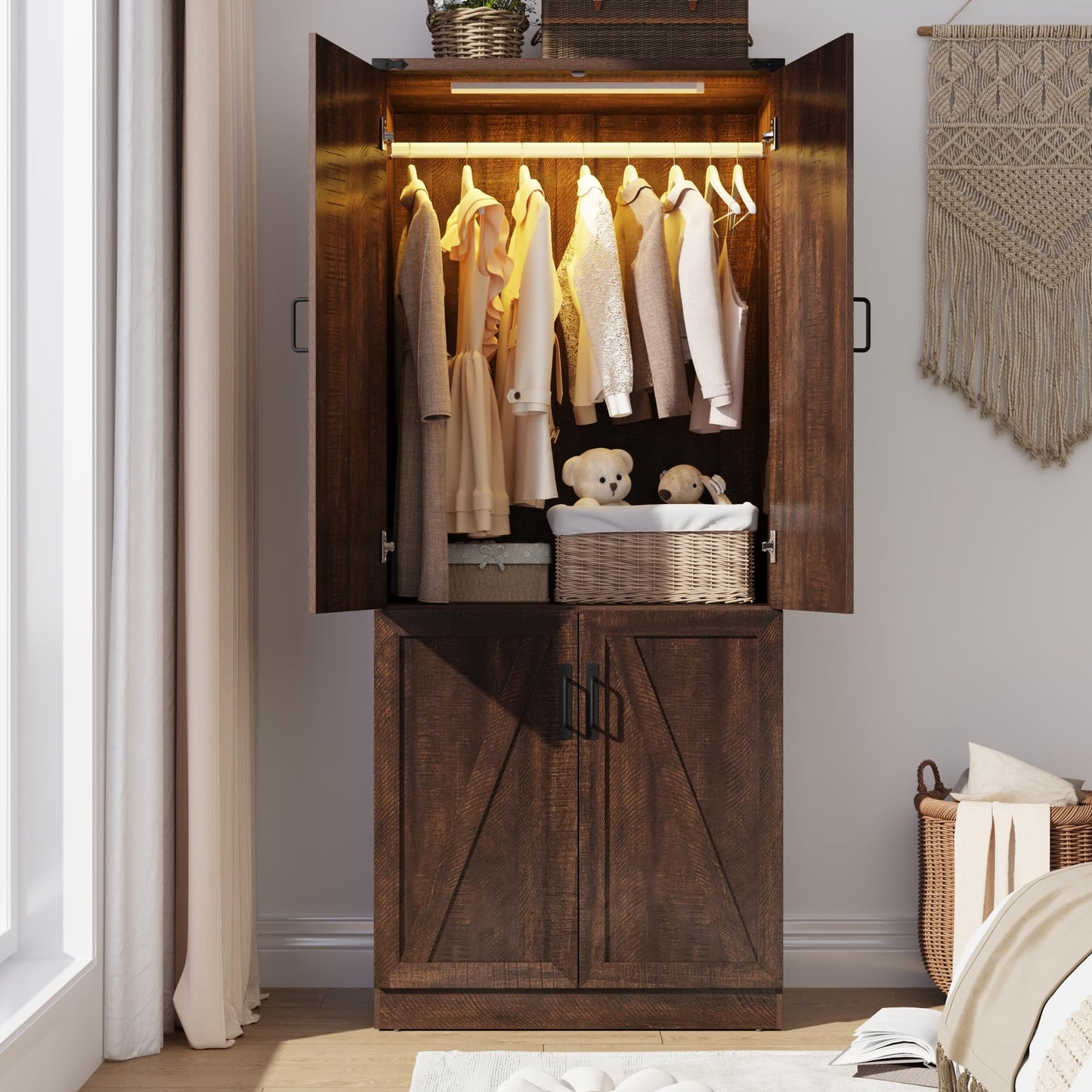 Hlivelood 75" Tall Farmhouse 2 Doors Armoire Wardrobe Closet with LED,Freestanding Closet Wardrobe Cabinet for Bedroom with Hanging Rod,Wooden Armoire Storage Cabinet with Adjustable Shelves(Brown)