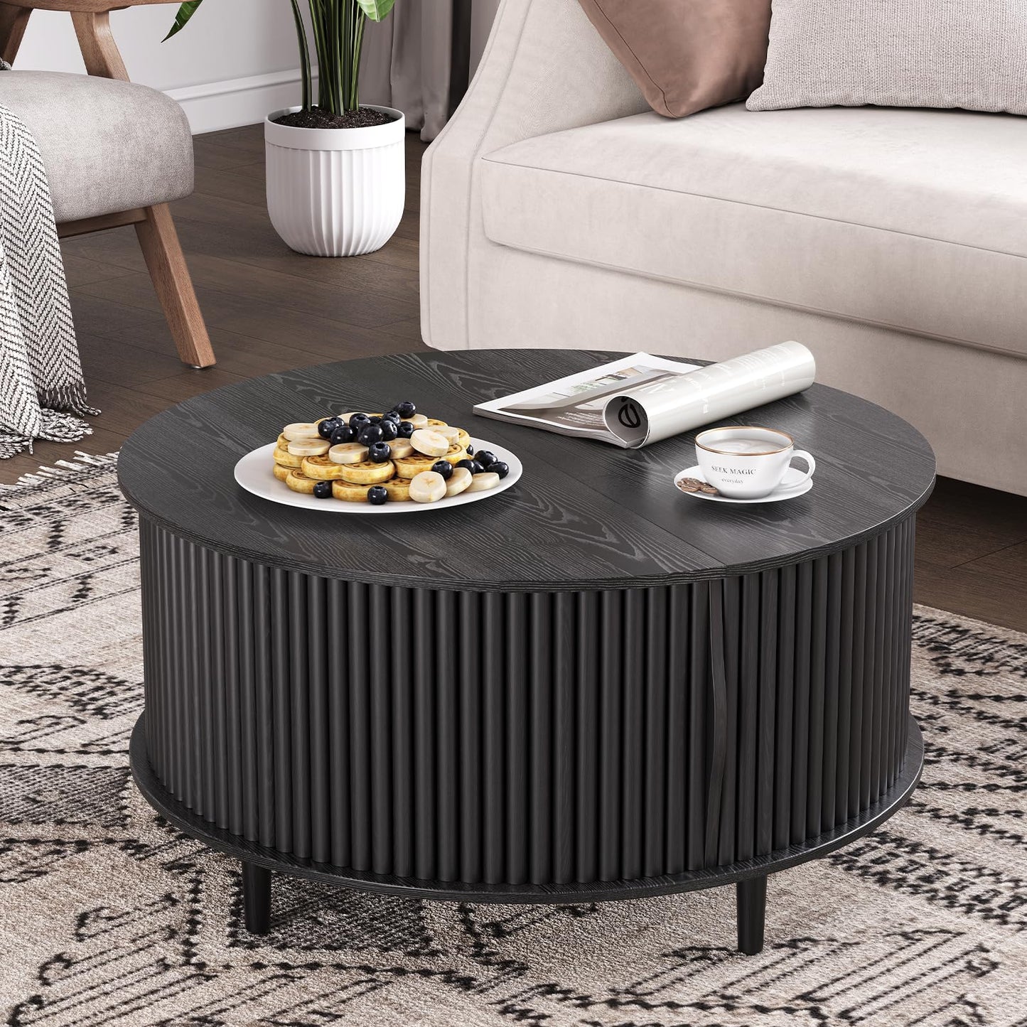 JOINICE,Round Coffee Table with Storage, Mid Century Modern Center Table with Sliding Cabinet Door, Fluted Dining Table for Living Room, Home Small Space, 31.5", Black