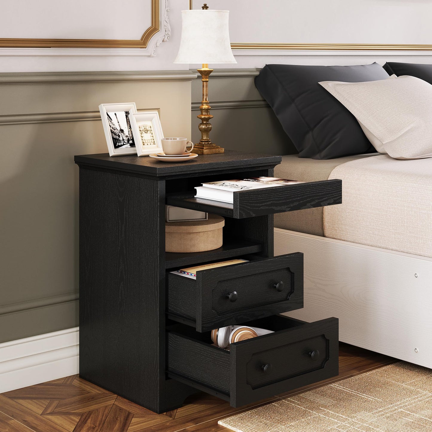 LIKIMIO Night Stand, Modern Bedside Table with 2 Drawers, Open Shelf, End Table with Pull-Out Tray, Wood SideTable, Black