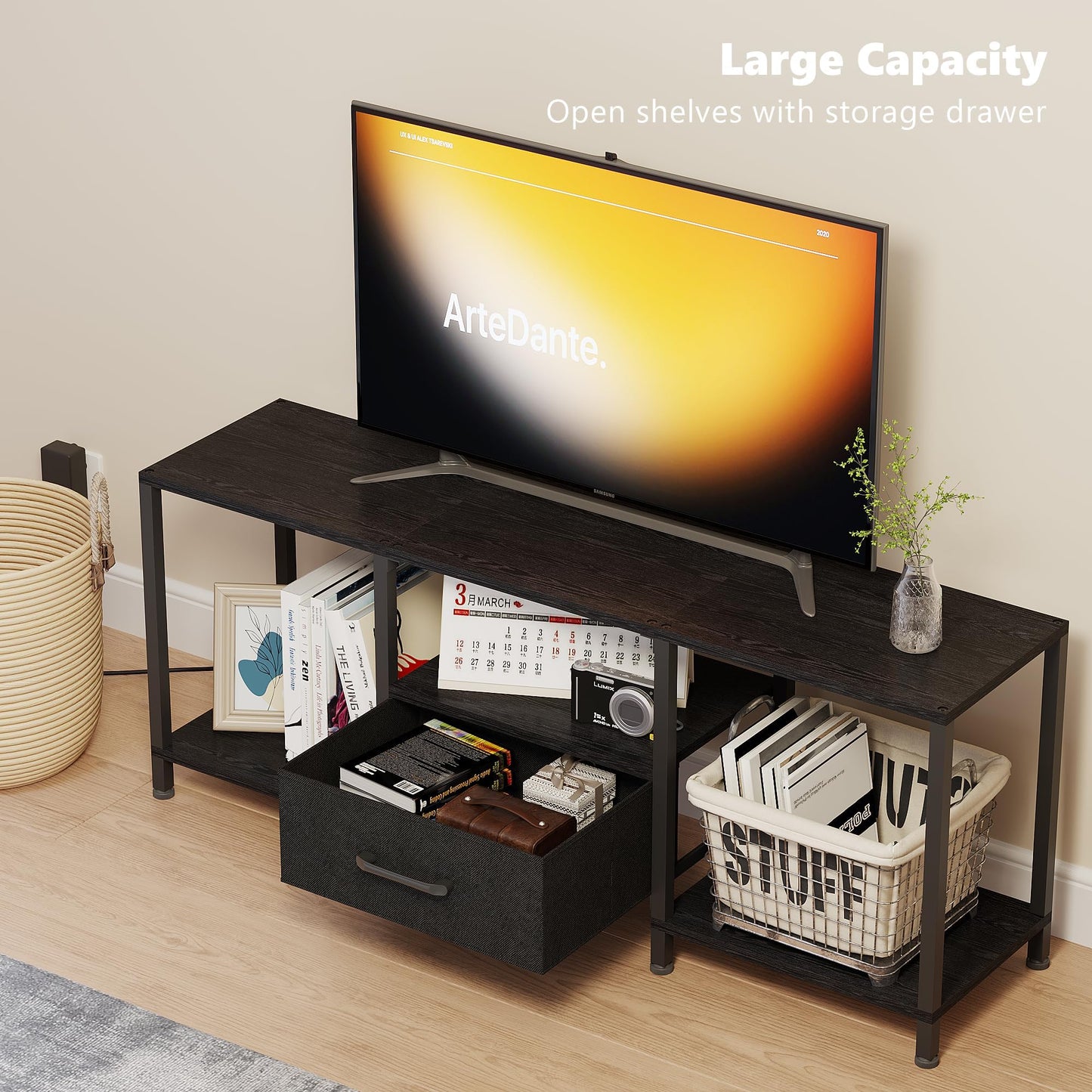 JARHETUN TV Stand with LED Lights, Entertainment Center with Open Shelves and Fabric Drawer, Media Console for 55 Inch TV, Television Stands for Living Room, Bedroom, Black