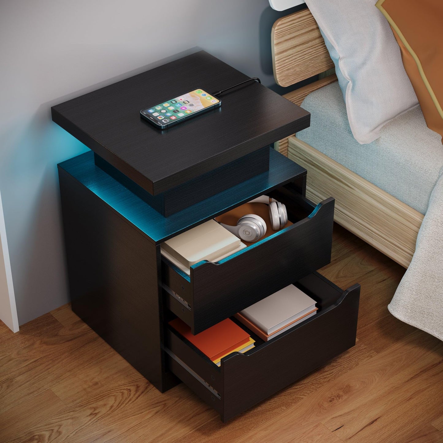 Gizoon Nightstand with Charging Station, 2 Drawers, Night Stand Set 2 with LED Lights, Modern Wood Bedside Table, End Side Table with Storage for Bedroom