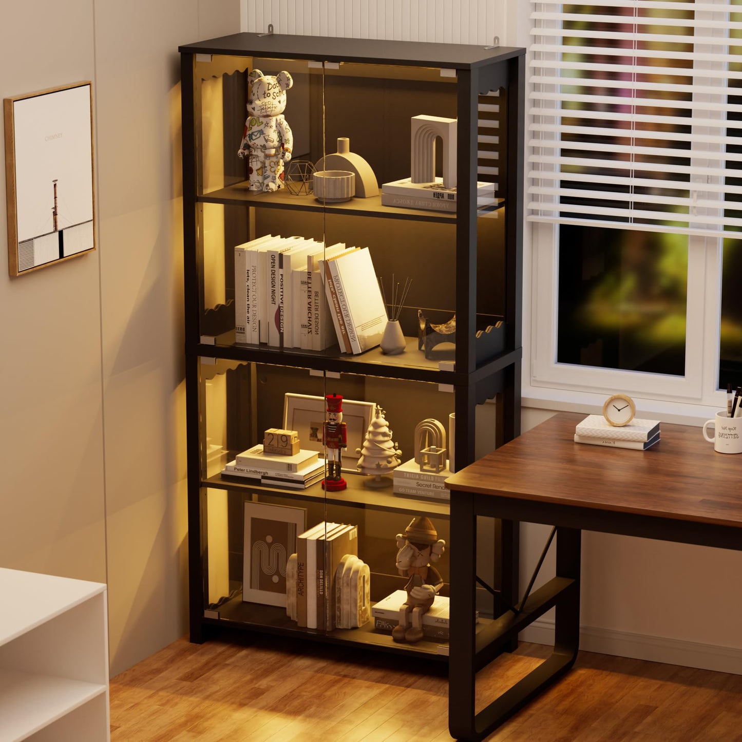 TEROL Display Cabinet with Glass Doors, 63” 4-Tier Wood Display Case with RGB Lights for Collectibles, Tall Curio Cabinet Anti-Tipping with Adjustable Shelves, Storage Cabinets for Living Room, Study