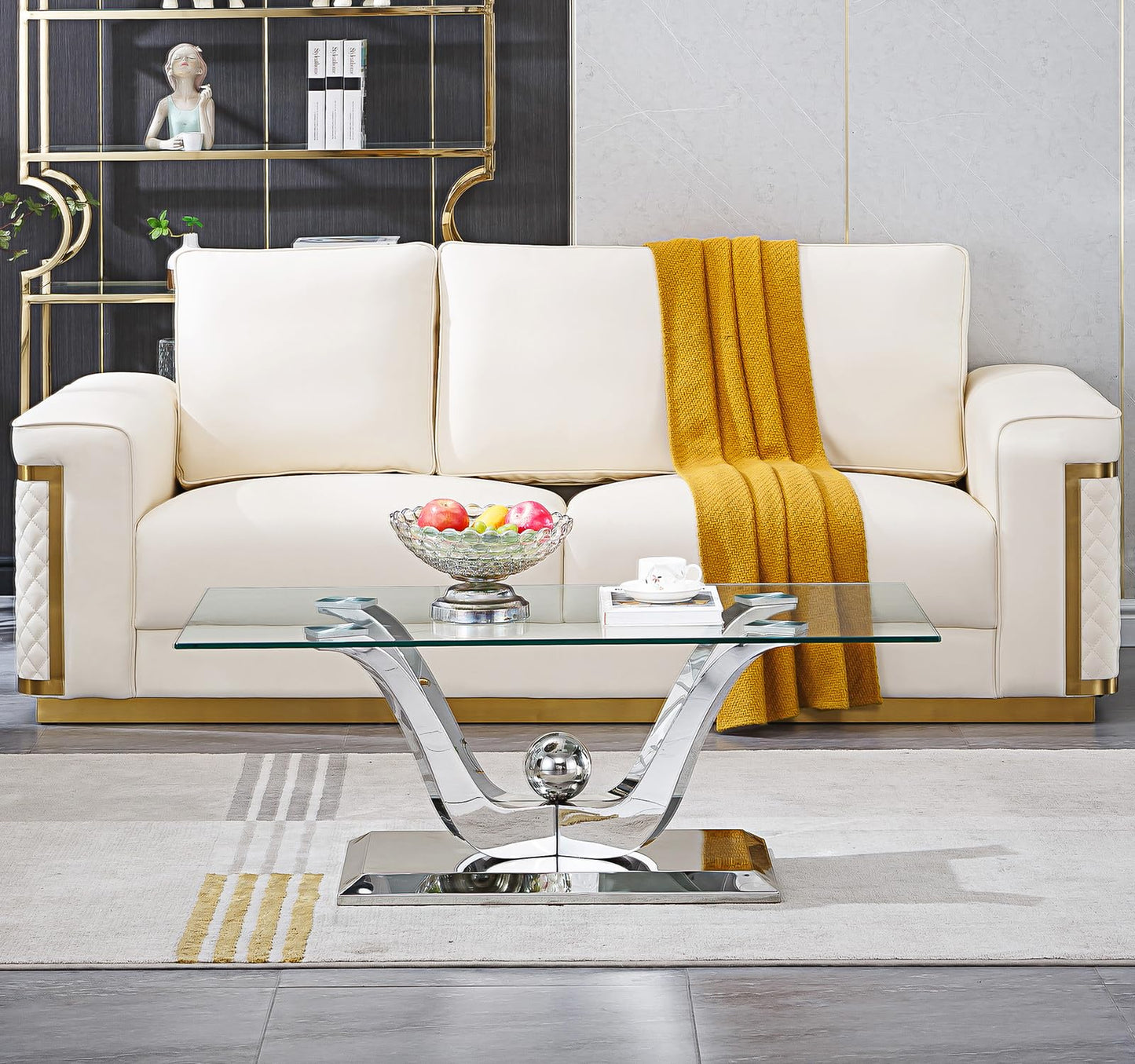 Modern Silver Glass Coffee Table, 47" Rectangle Coffee Table with Tempered Glass Top&Stainless Steel Flower-Shape Base, Luxury Glass Living Room Center Table Accent Cocktail Table for Home Office